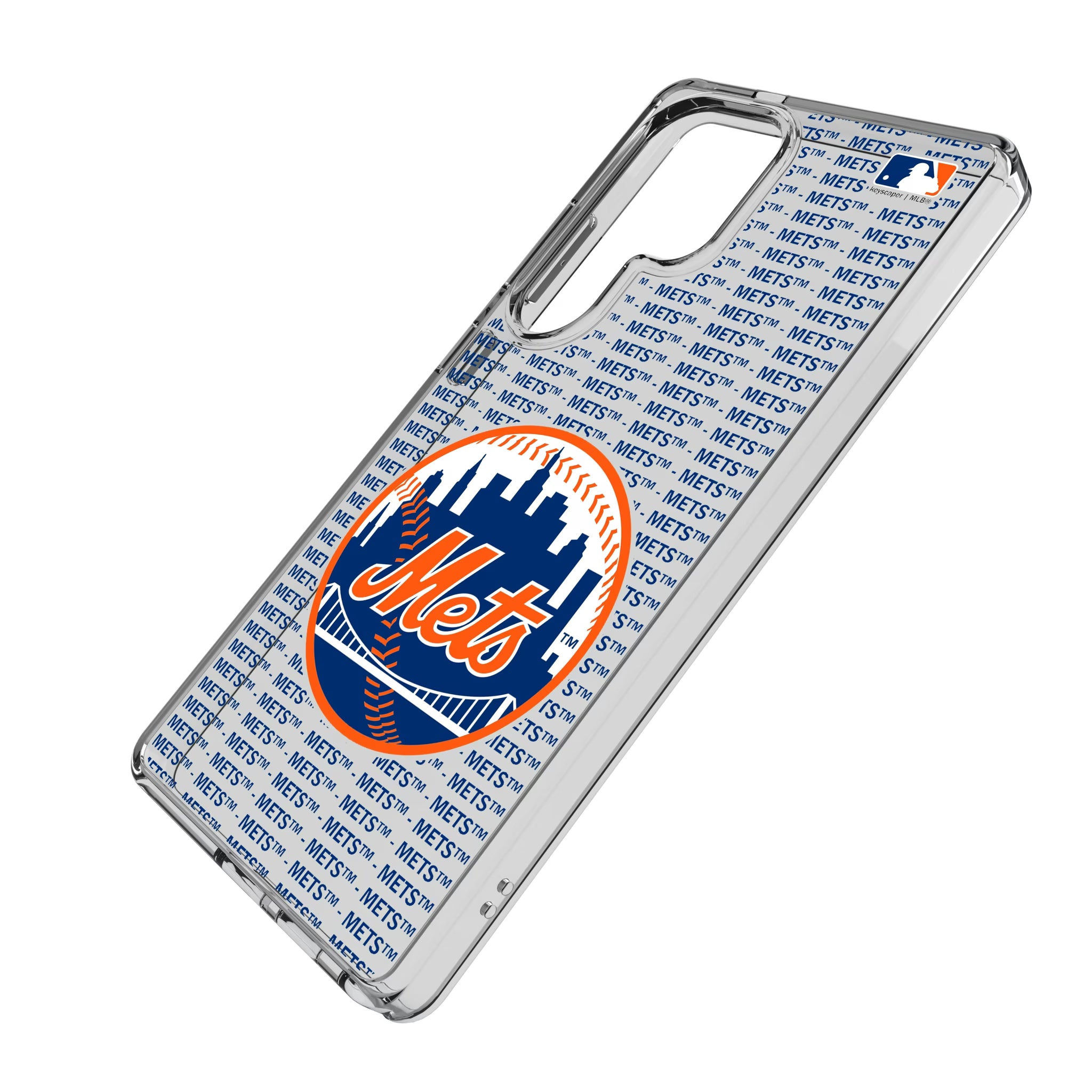 New York Mets Text Backdrop Galaxy Clear Phone Case for Samsung Galaxy - Isometric View