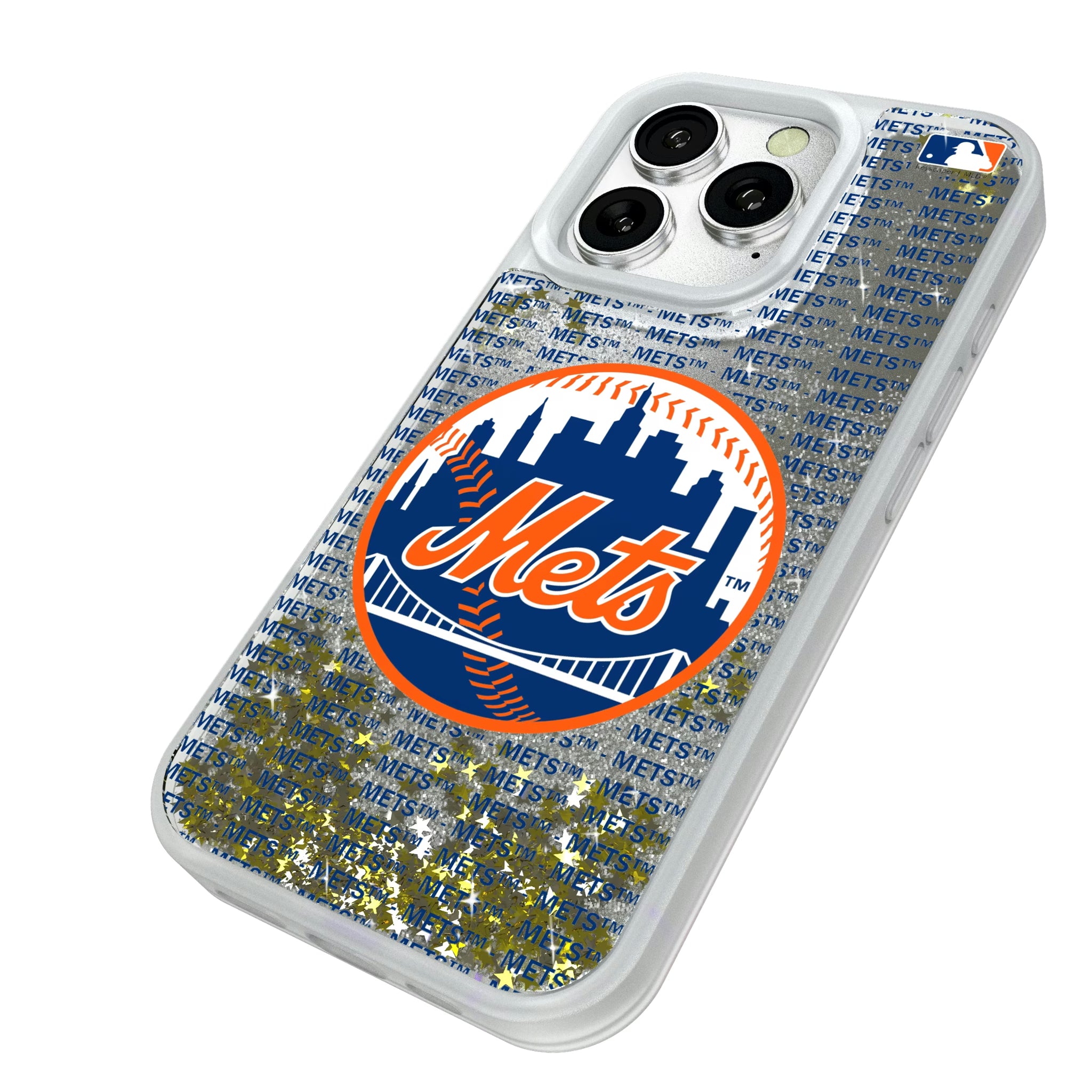 New York Mets Text Backdrop iPhone Glitter Phone Case for Apple iPhone - Isometric View#Device_iPhone 16 Pro