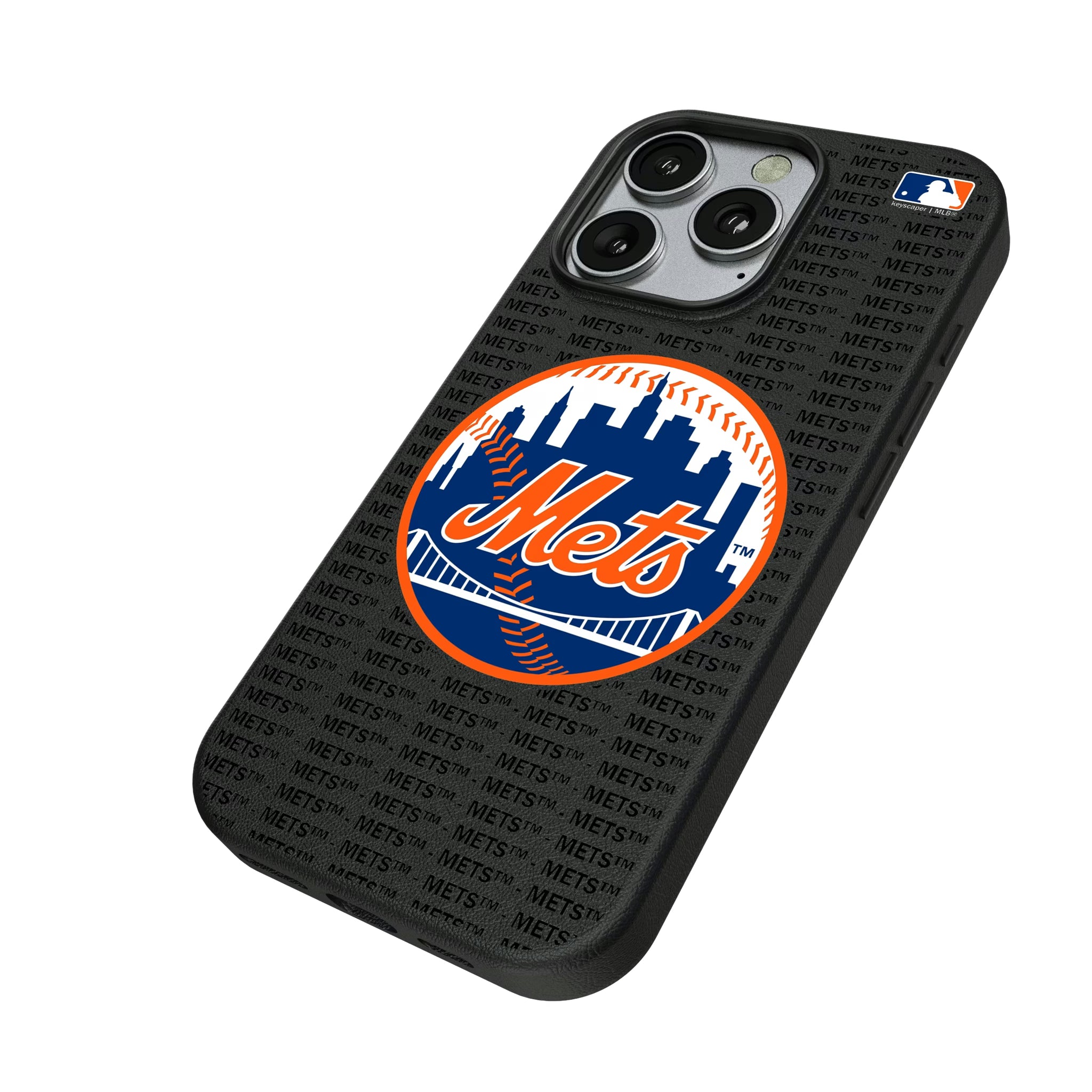 New York Mets Text Backdrop iPhone MagSafe Compatible Phone Case for Apple iPhone - Isometric View