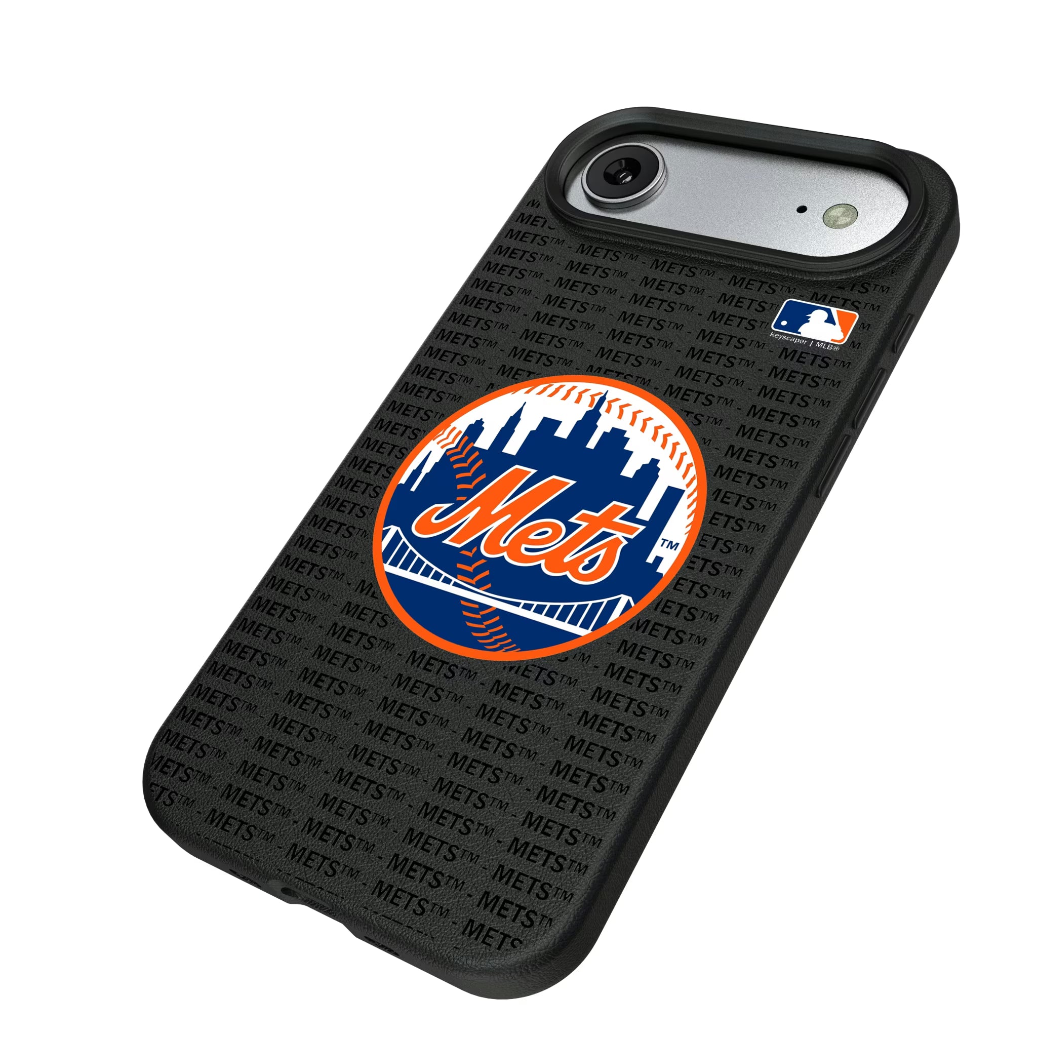 New York Mets Text Backdrop iPhone MagSafe Compatible Phone Case for Apple iPhone - Isometric View#Device_iPhone Air