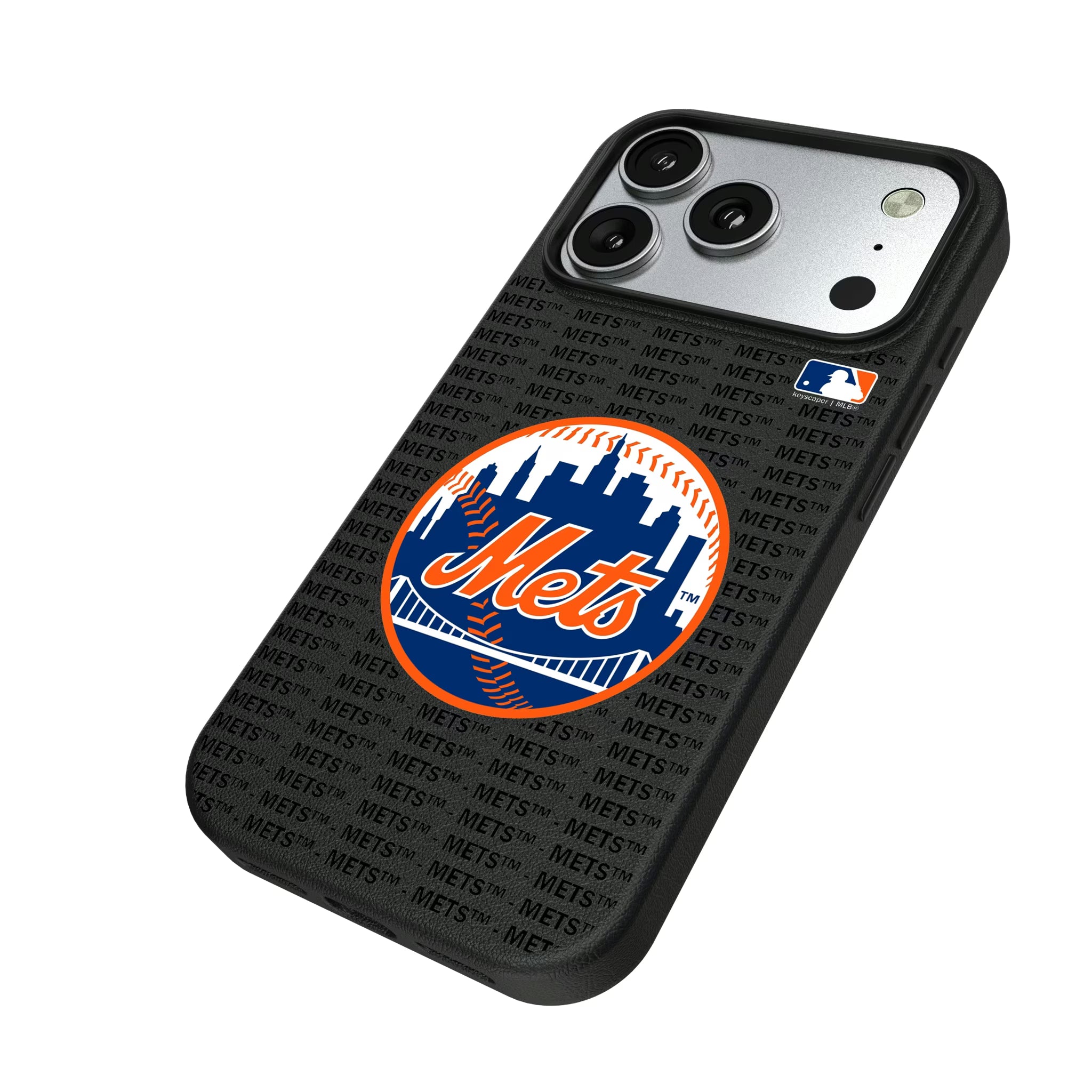 New York Mets Text Backdrop iPhone MagSafe Compatible Phone Case for Apple iPhone - Isometric View#Device_iPhone 17 Pro