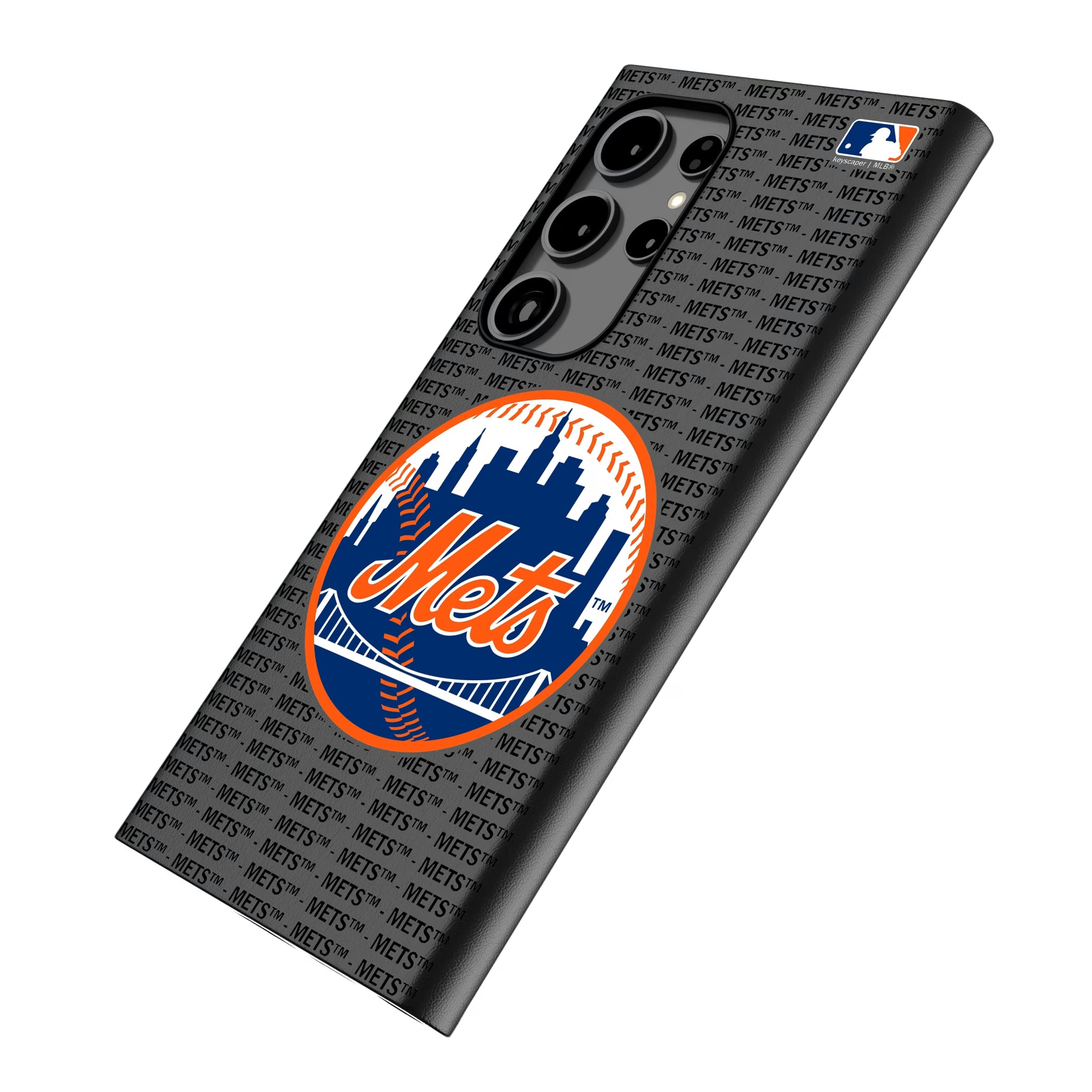 New York Mets Text Backdrop Galaxy MagSafe Compatible Phone Case for Samsung Galaxy - Isometric View