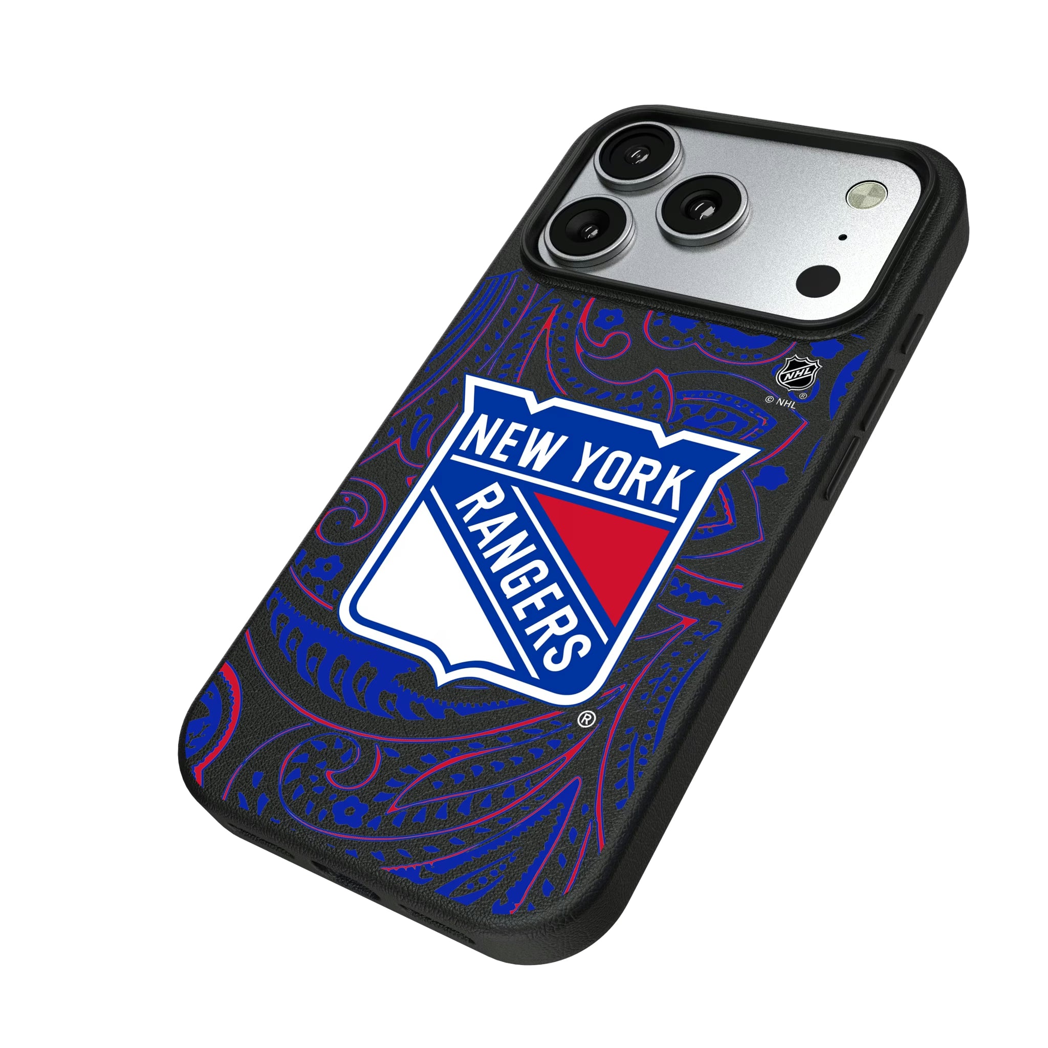 New York Rangers Paisley iPhone MagSafe Compatible Phone Case for Apple iPhone - Isometric View#Device_iPhone 17 Pro