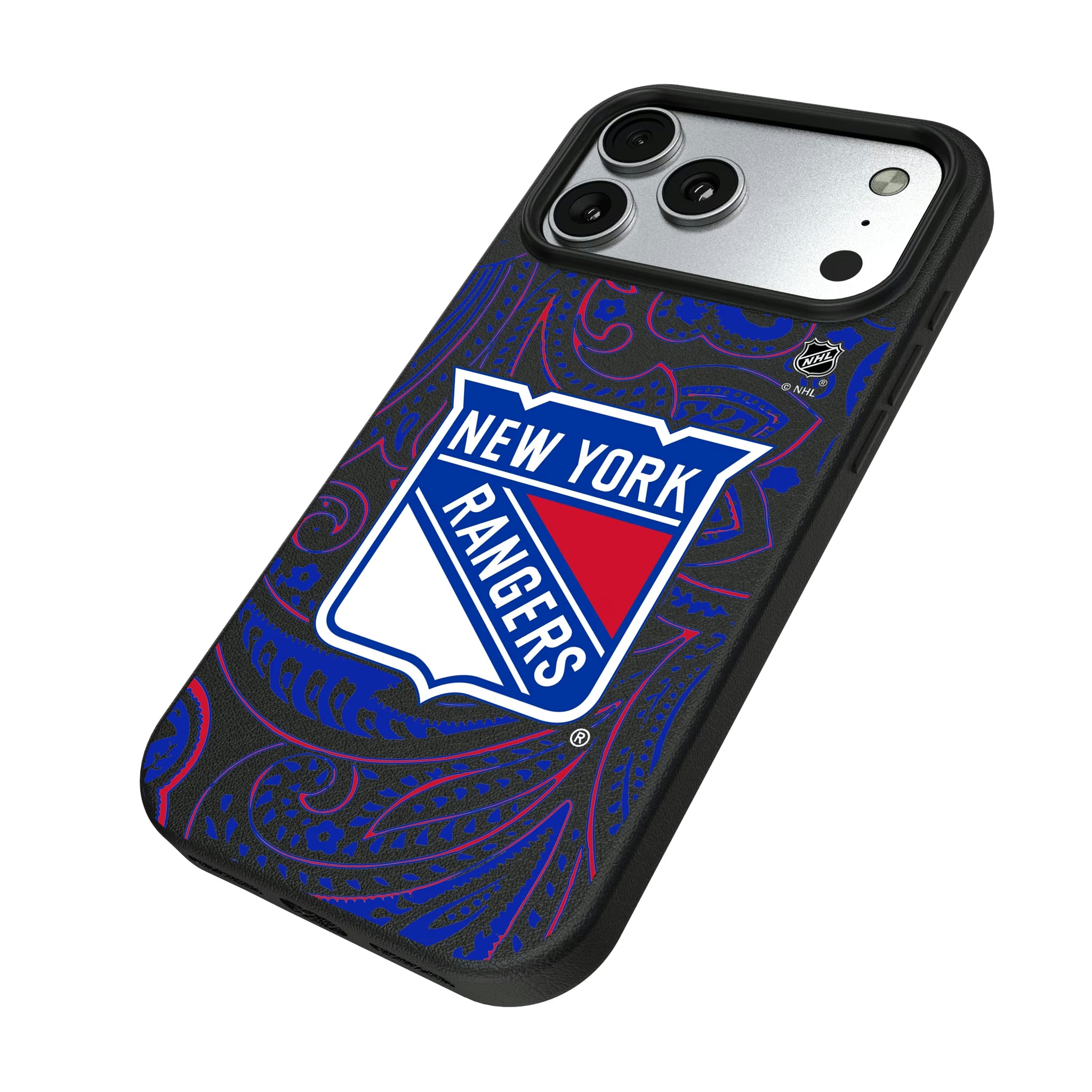 New York Rangers Paisley iPhone MagSafe Compatible Phone Case for Apple iPhone - Isometric View#Device_iPhone 17 Pro Max