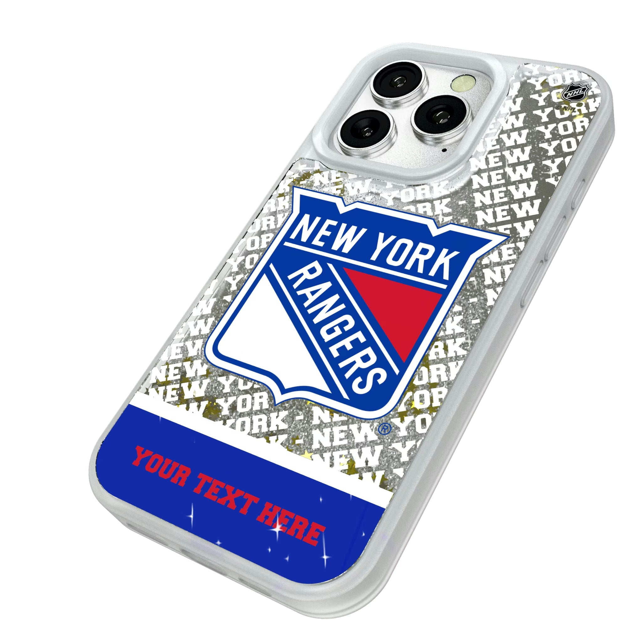 New York Rangers Personalized EndZone Plus iPhone Glitter Phone Case for Apple iPhone - Isometric View#Device_iPhone 16 Pro
