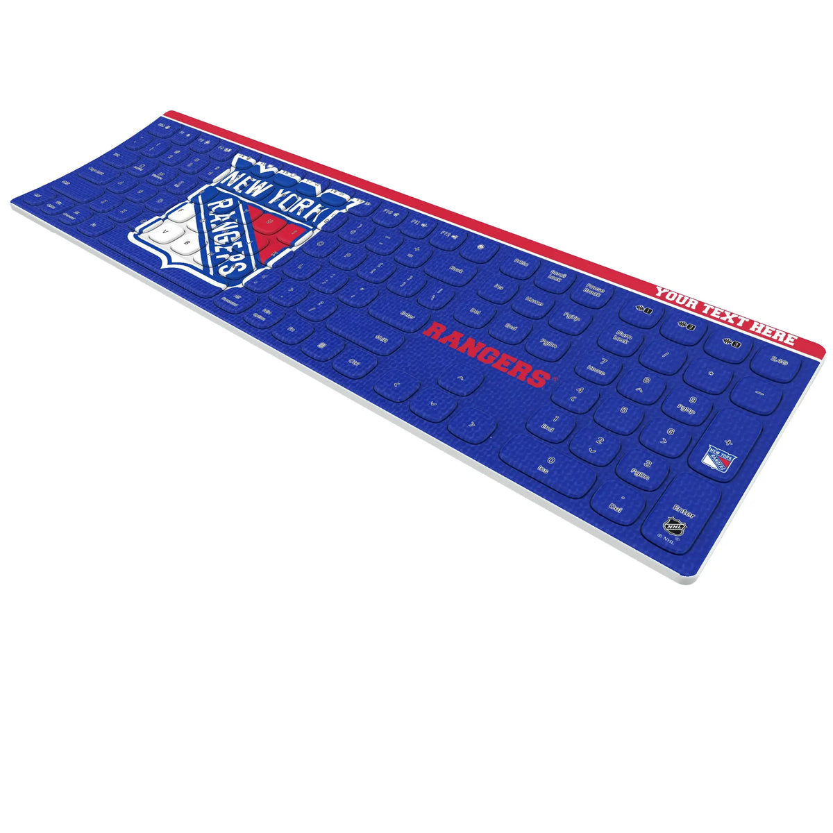 New York Rangers Personalized Endzone Solid KKB605 Curved Wireless Keyboard - Isometric View