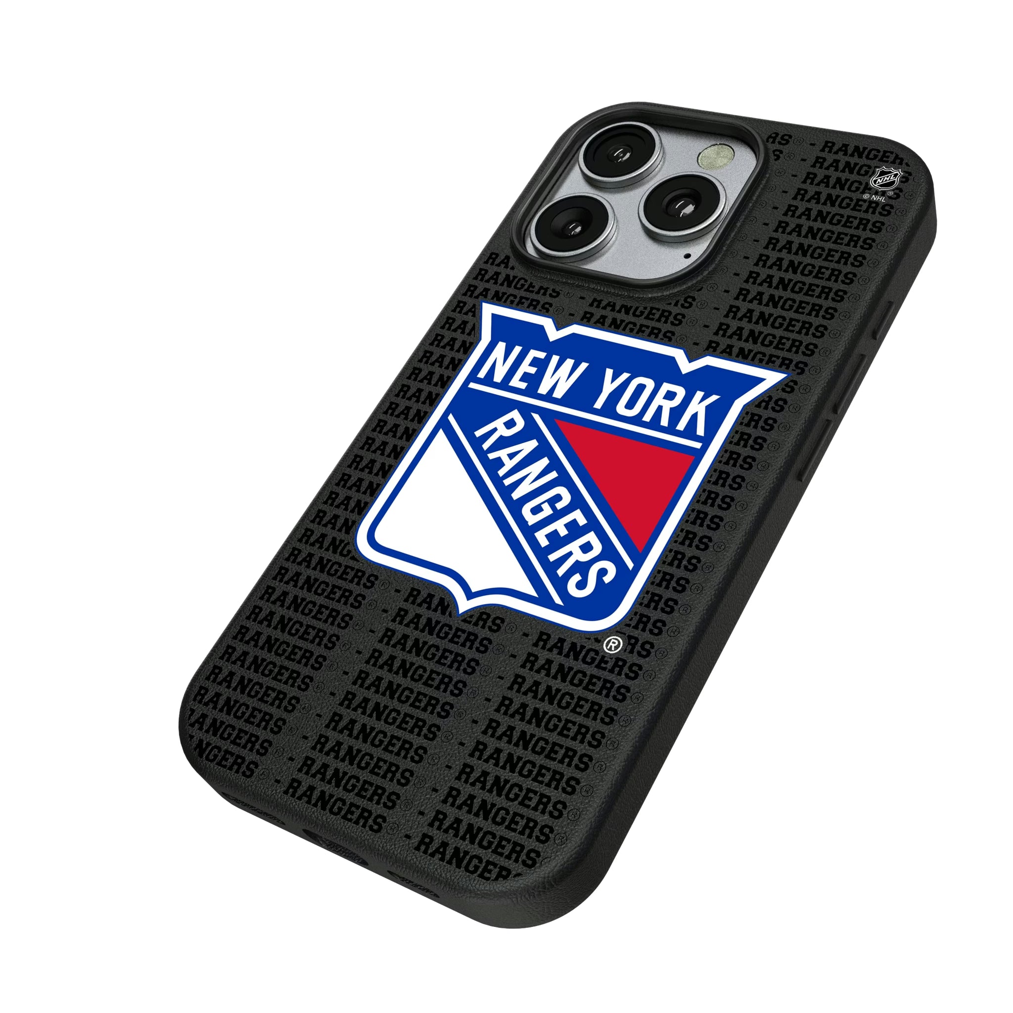 New York Rangers Text Backdrop iPhone MagSafe Compatible Phone Case for Apple iPhone - Isometric View