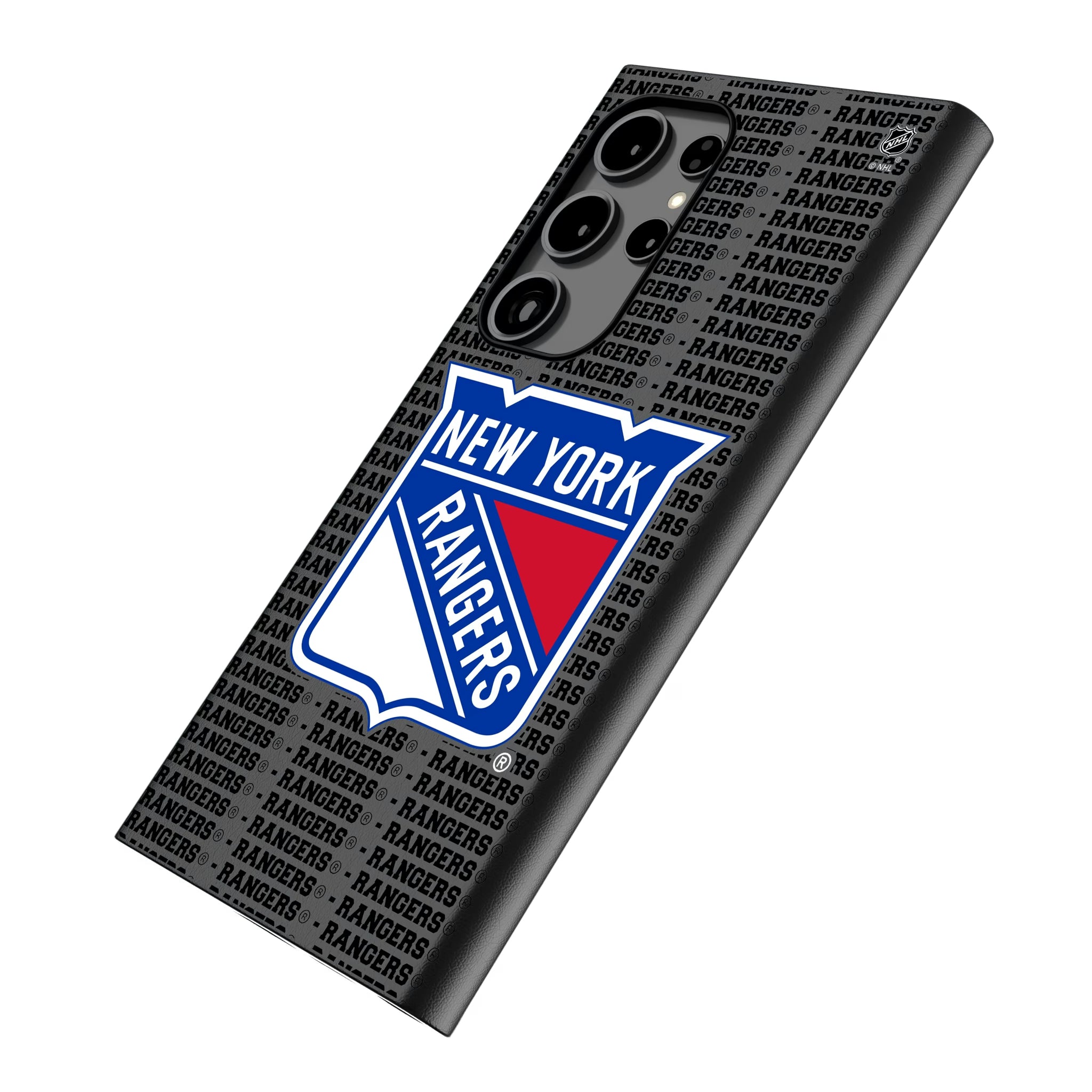New York Rangers Text Backdrop Galaxy MagSafe Compatible Phone Case for Samsung Galaxy - Isometric View
