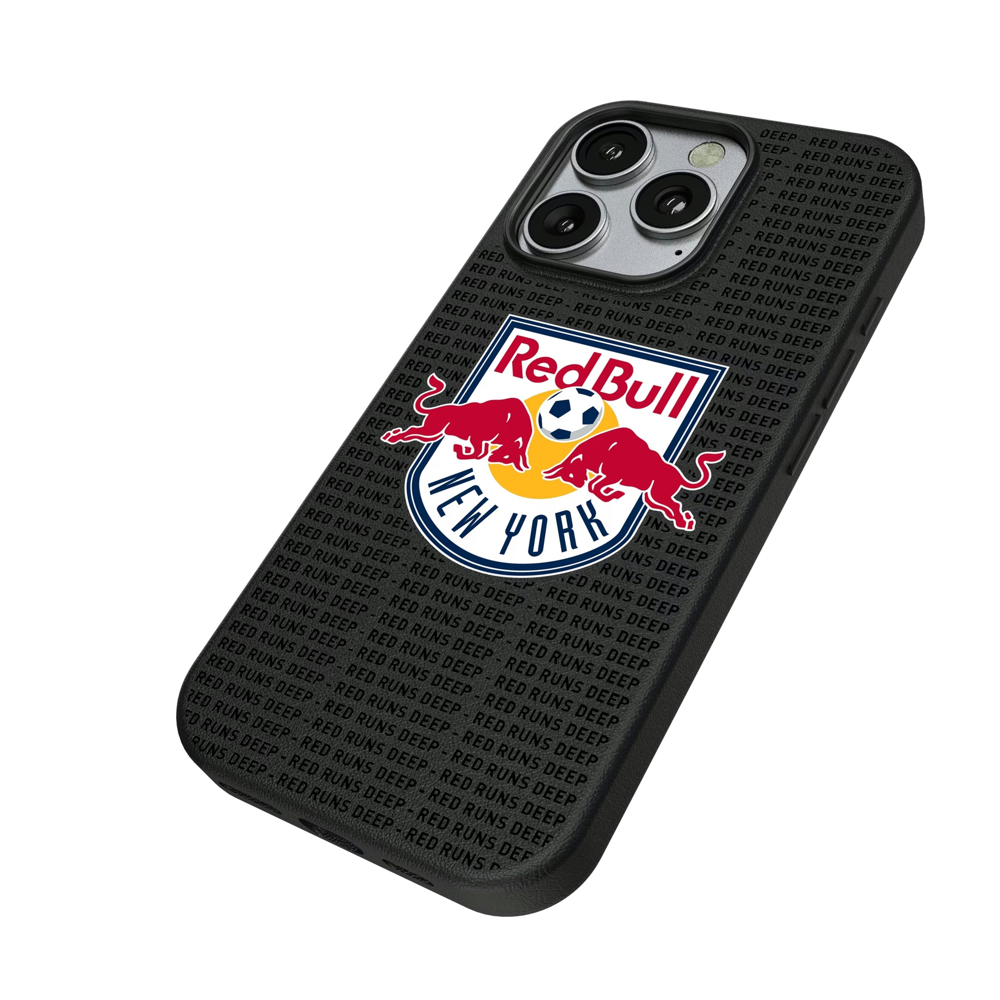 New York Red Bulls Text Backdrop iPhone MagSafe Compatible Phone Case for Apple iPhone - Isometric View