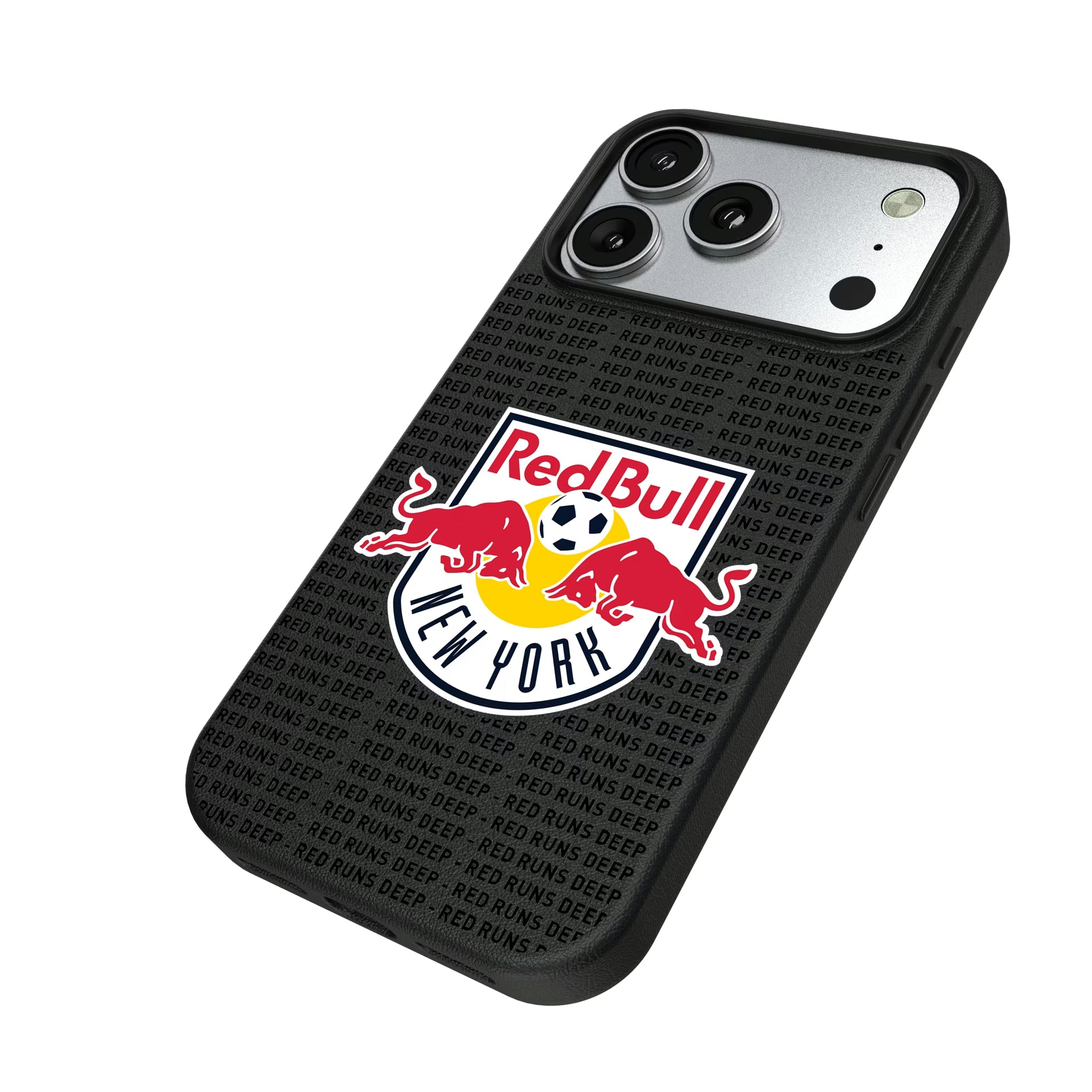 New York Red Bulls Text Backdrop iPhone MagSafe Compatible Phone Case for Apple iPhone - Isometric View#Device_iPhone 17 Pro