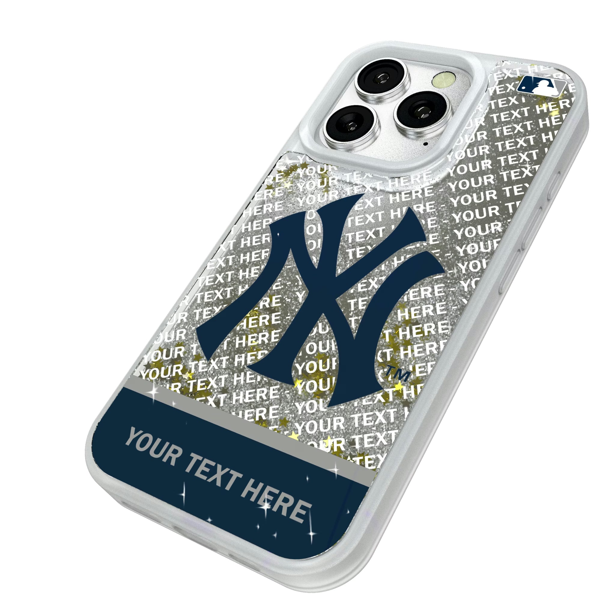 New York Yankees Personalized EndZone Plus iPhone Glitter Phone Case for Apple iPhone - Isometric View#Device_iPhone 16 Pro