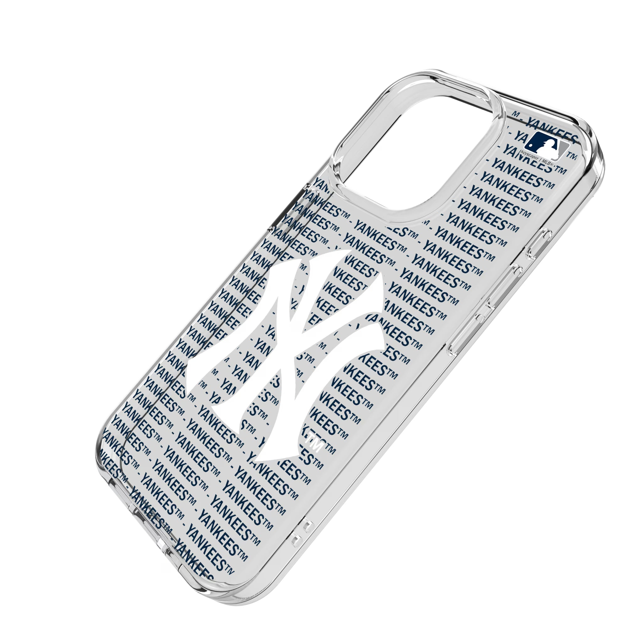 New York Yankees Text Backdrop iPhone Clear Phone Case for Apple iPhone - Isometric View