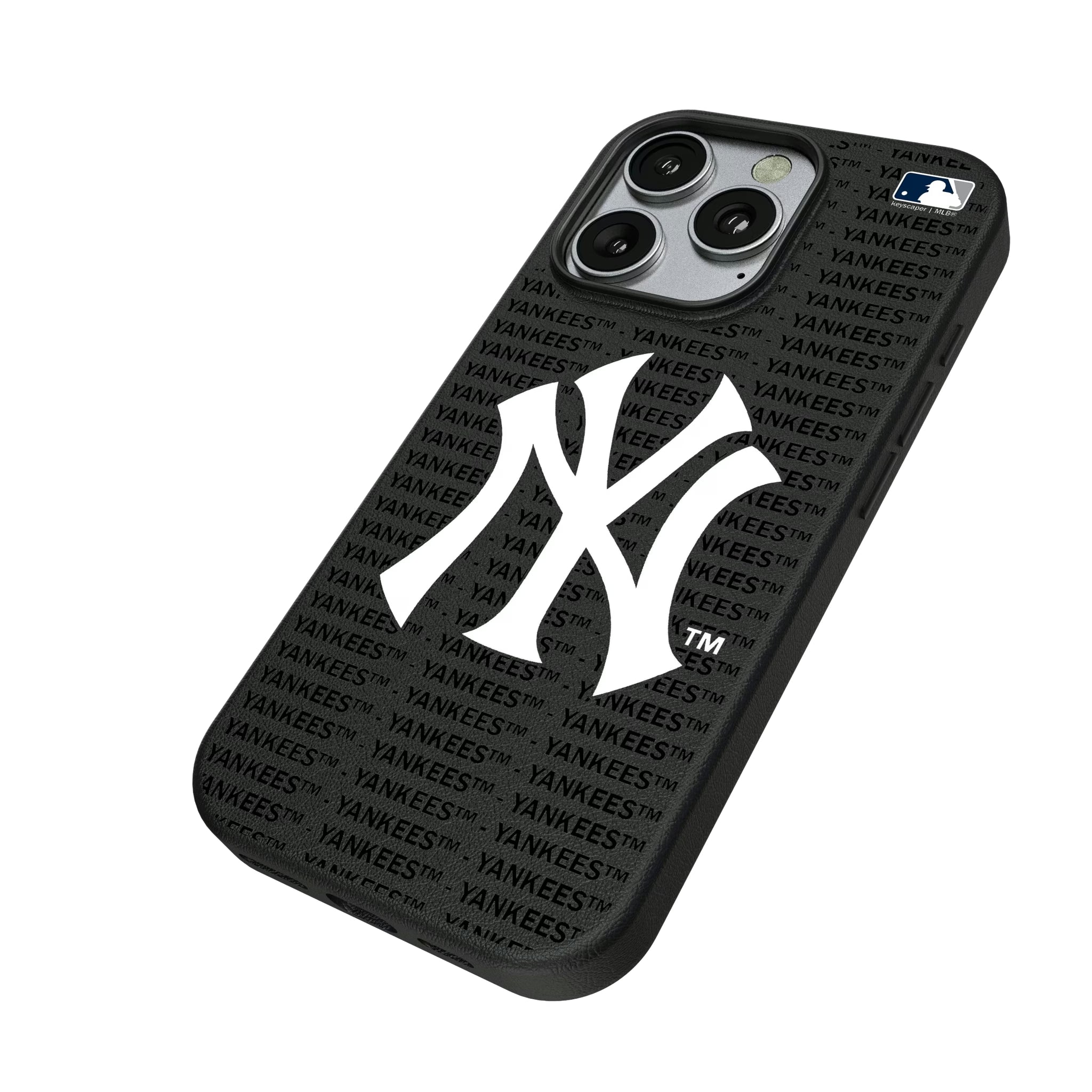 New York Yankees Text Backdrop iPhone MagSafe Compatible Phone Case for Apple iPhone - Isometric View