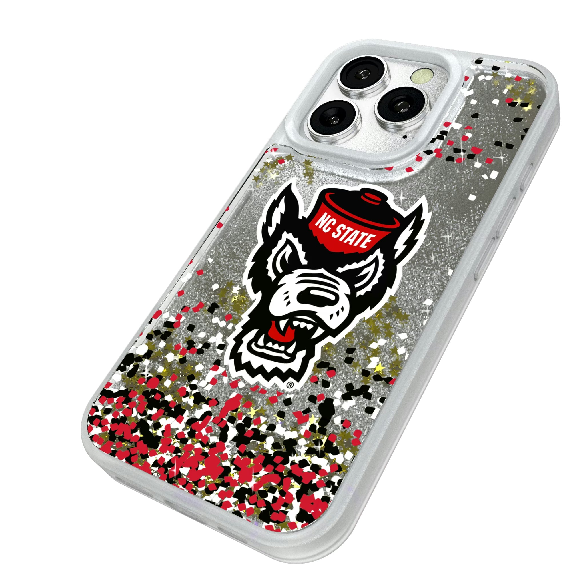 North Carolina State University Wolfpack Confetti iPhone Glitter Phone Case for Apple iPhone - Isometric View#Device_iPhone 16 Pro