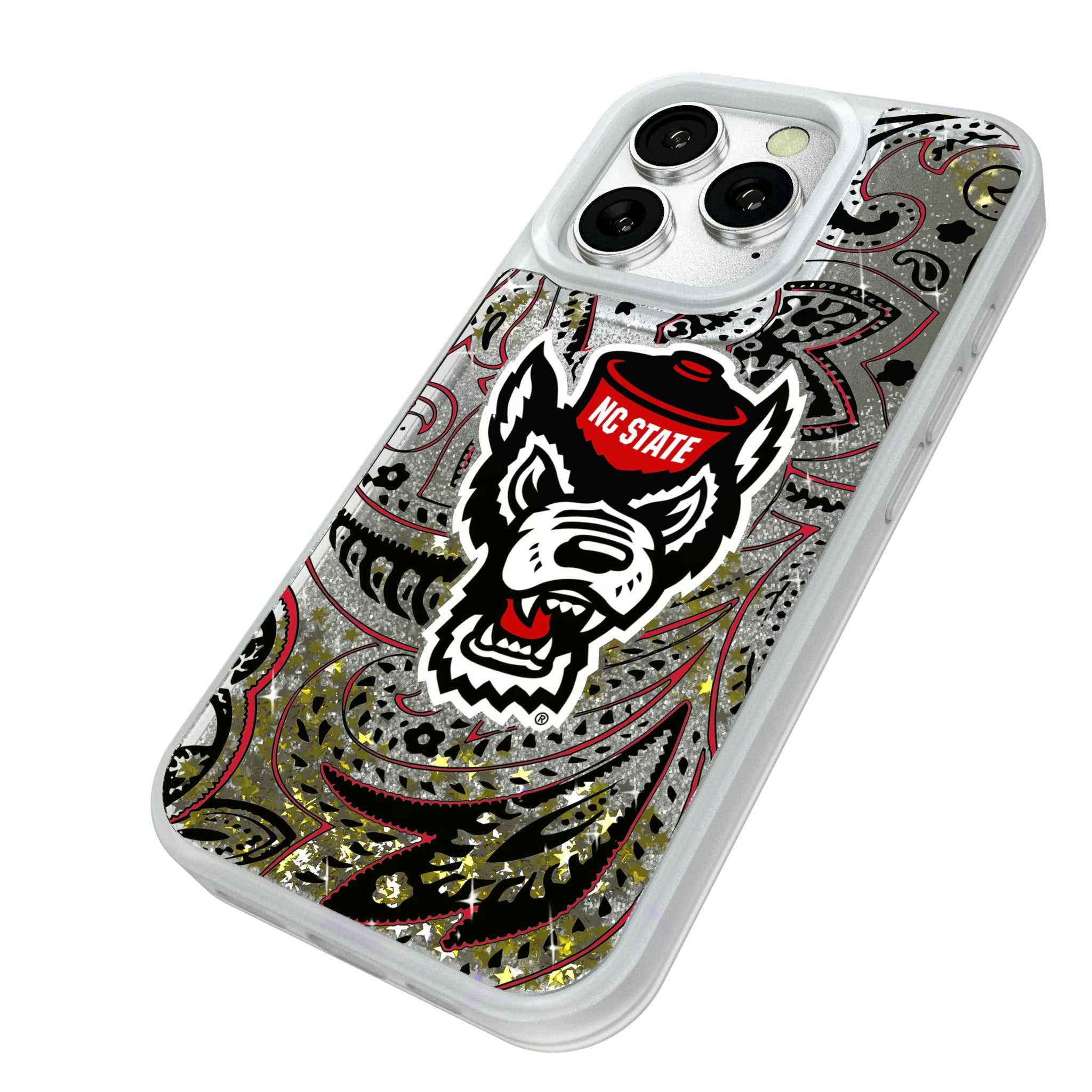 North Carolina State University Wolfpack Paisley iPhone Glitter Phone Case for Apple iPhone - Isometric View#Device_iPhone 16 Pro