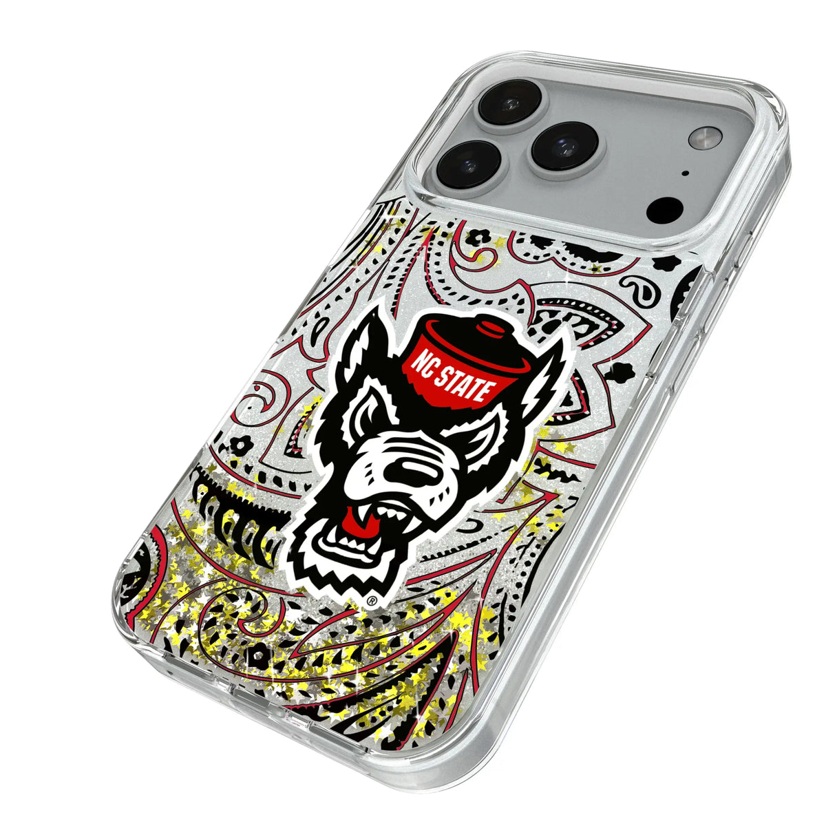 North Carolina State University Wolfpack Paisley iPhone Glitter Phone Case for Apple iPhone - Isometric View#Device_iPhone 18 Pro