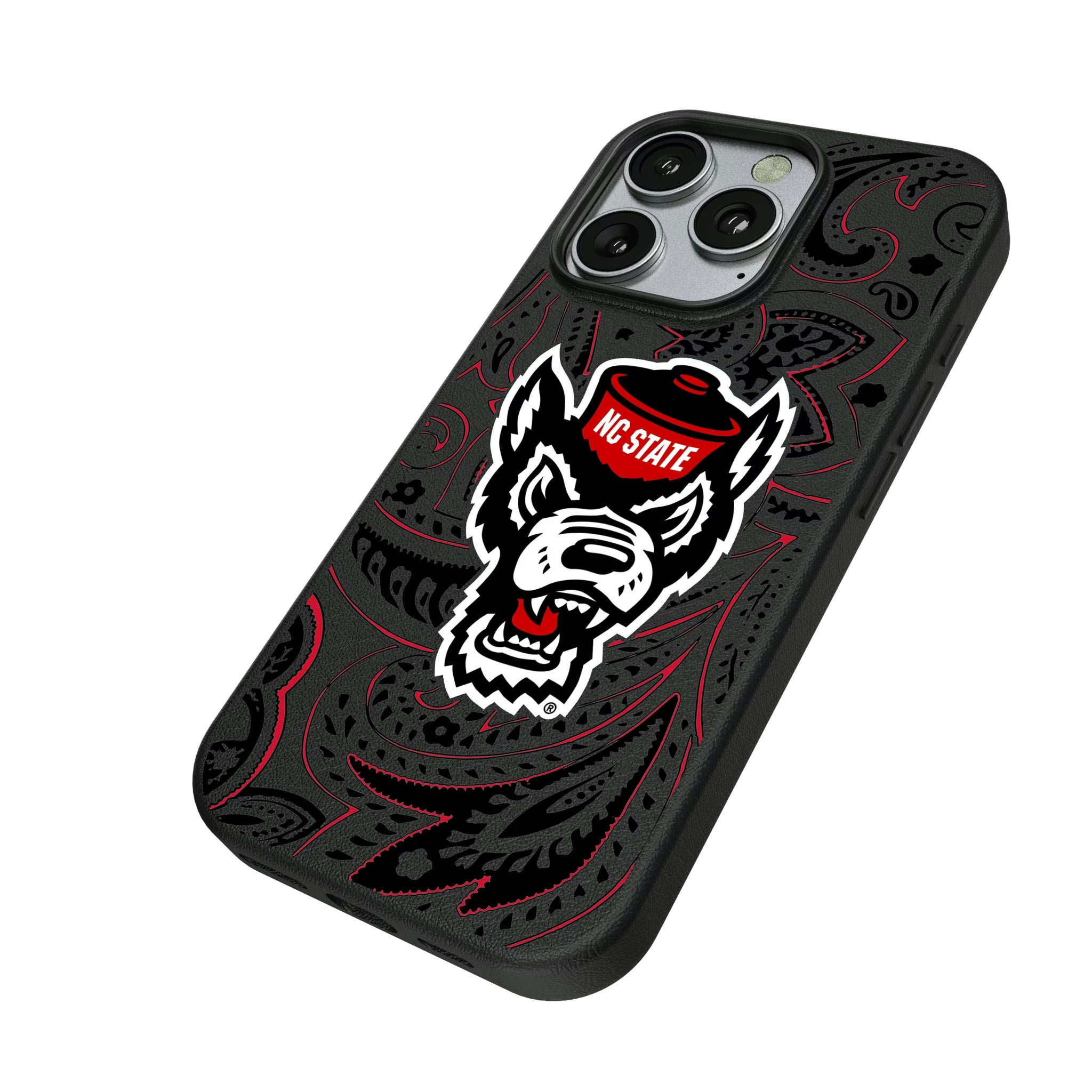 North Carolina State University Wolfpack Paisley iPhone MagSafe Compatible Phone Case for Apple iPhone - Isometric View