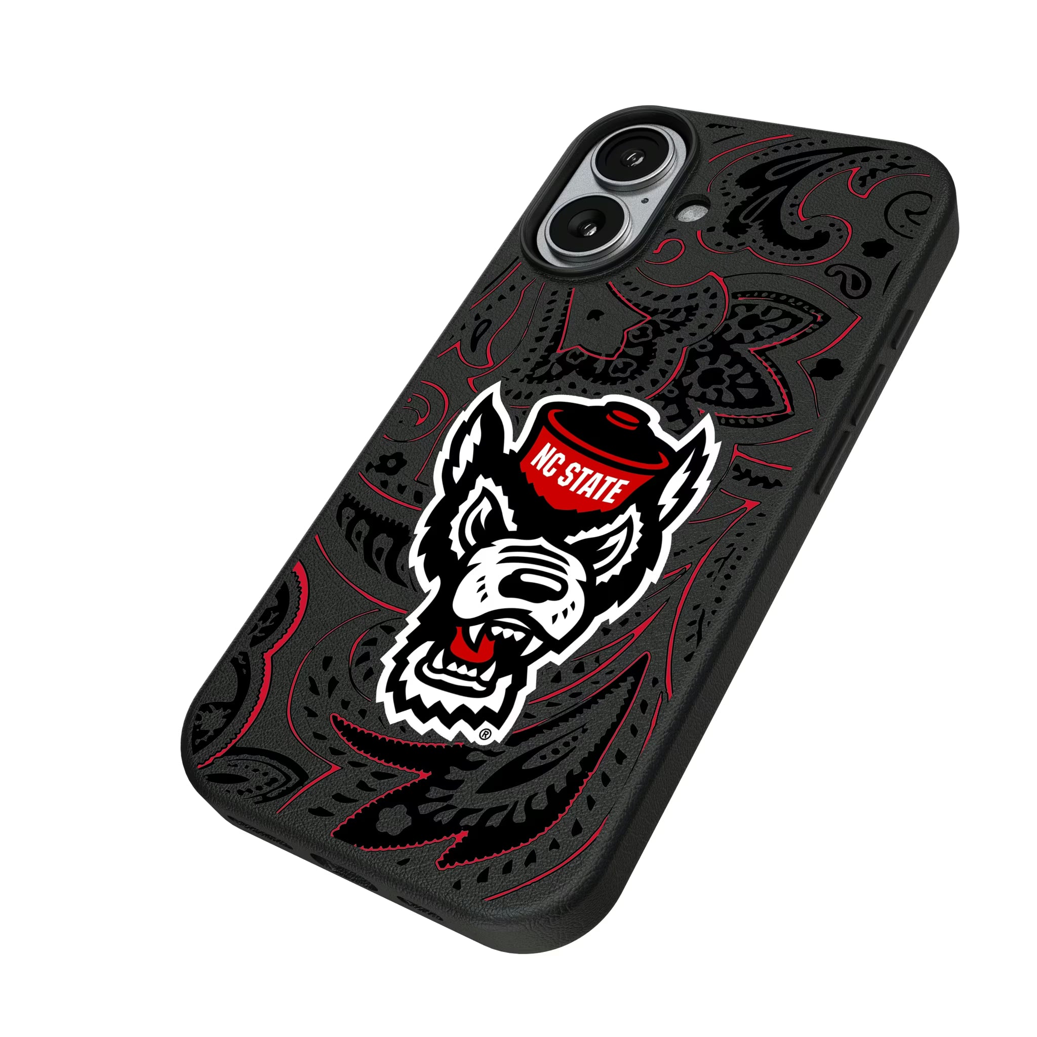North Carolina State University Wolfpack Paisley iPhone MagSafe Compatible Phone Case for Apple iPhone - Isometric View#Device_iPhone 17