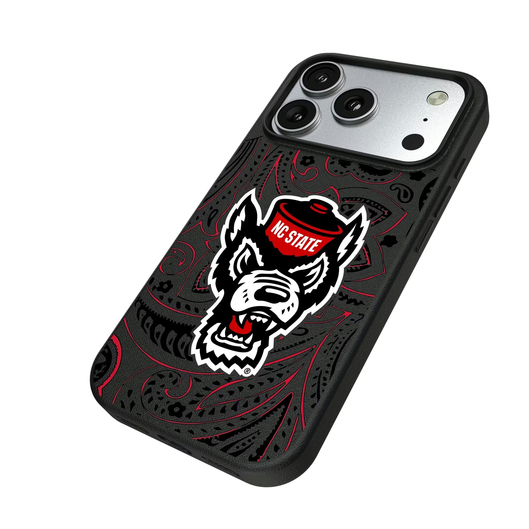 North Carolina State University Wolfpack Paisley iPhone MagSafe Compatible Phone Case for Apple iPhone - Isometric View#Device_iPhone 17 Pro