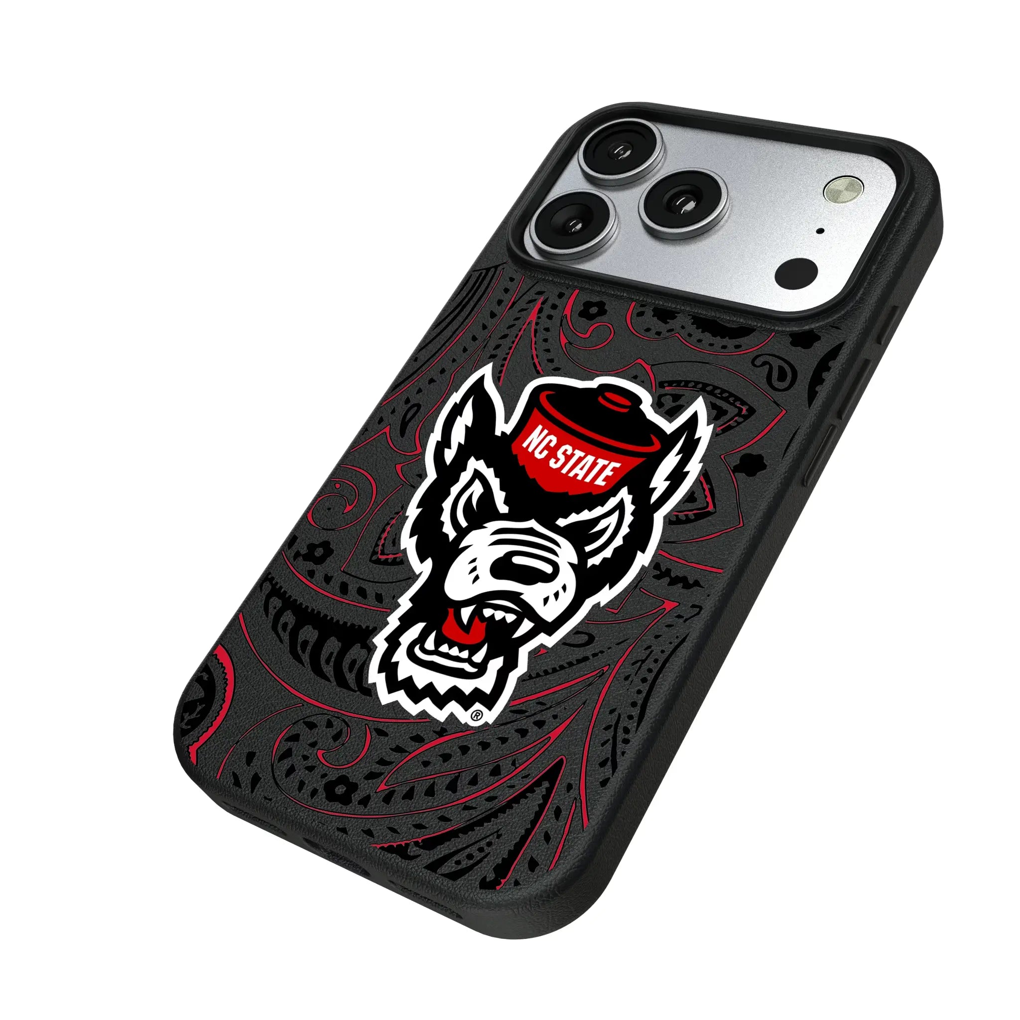North Carolina State University Wolfpack Paisley iPhone MagSafe Compatible Phone Case for Apple iPhone - Isometric View#Device_iPhone 17 Pro