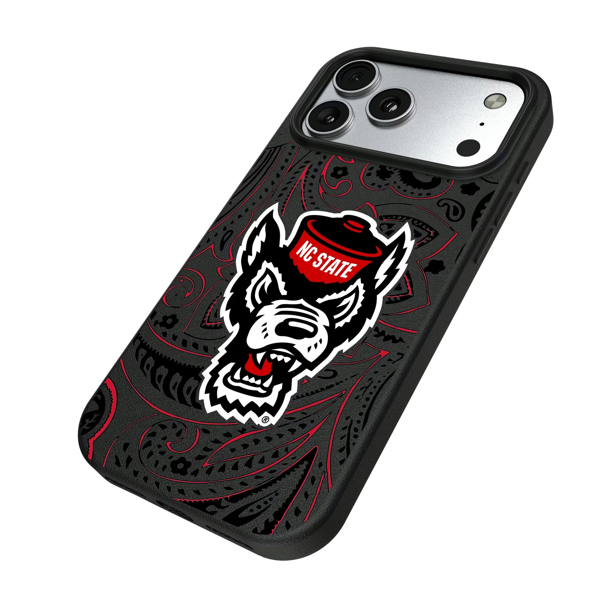 North Carolina State University Wolfpack Paisley iPhone MagSafe Compatible Phone Case for Apple iPhone - Isometric View#Device_iPhone 17 Pro Max