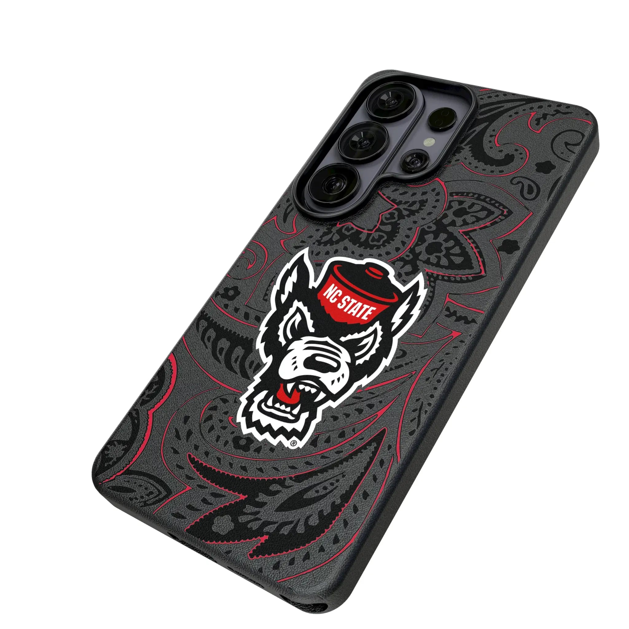 North Carolina State University Wolfpack Paisley Galaxy MagSafe Compatible Phone Case for Samsung Galaxy - Isometric View#Device_Galaxy S26 Ultra