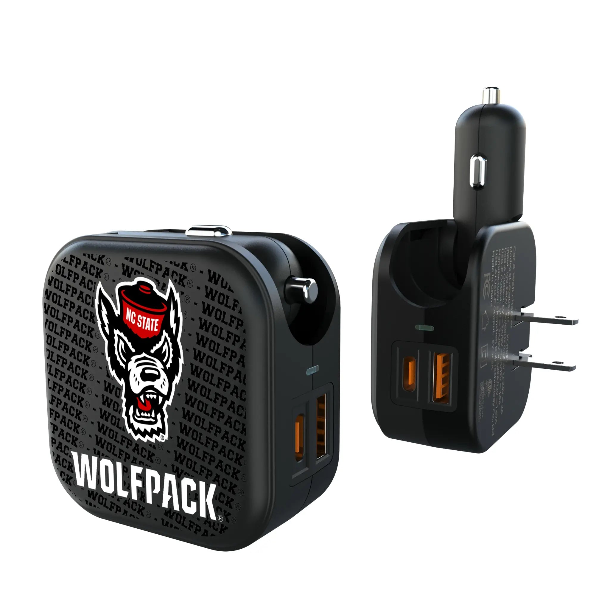 North Carolina State University Wolfpack Text Backdrop 2 in 1 USB A/C Charger