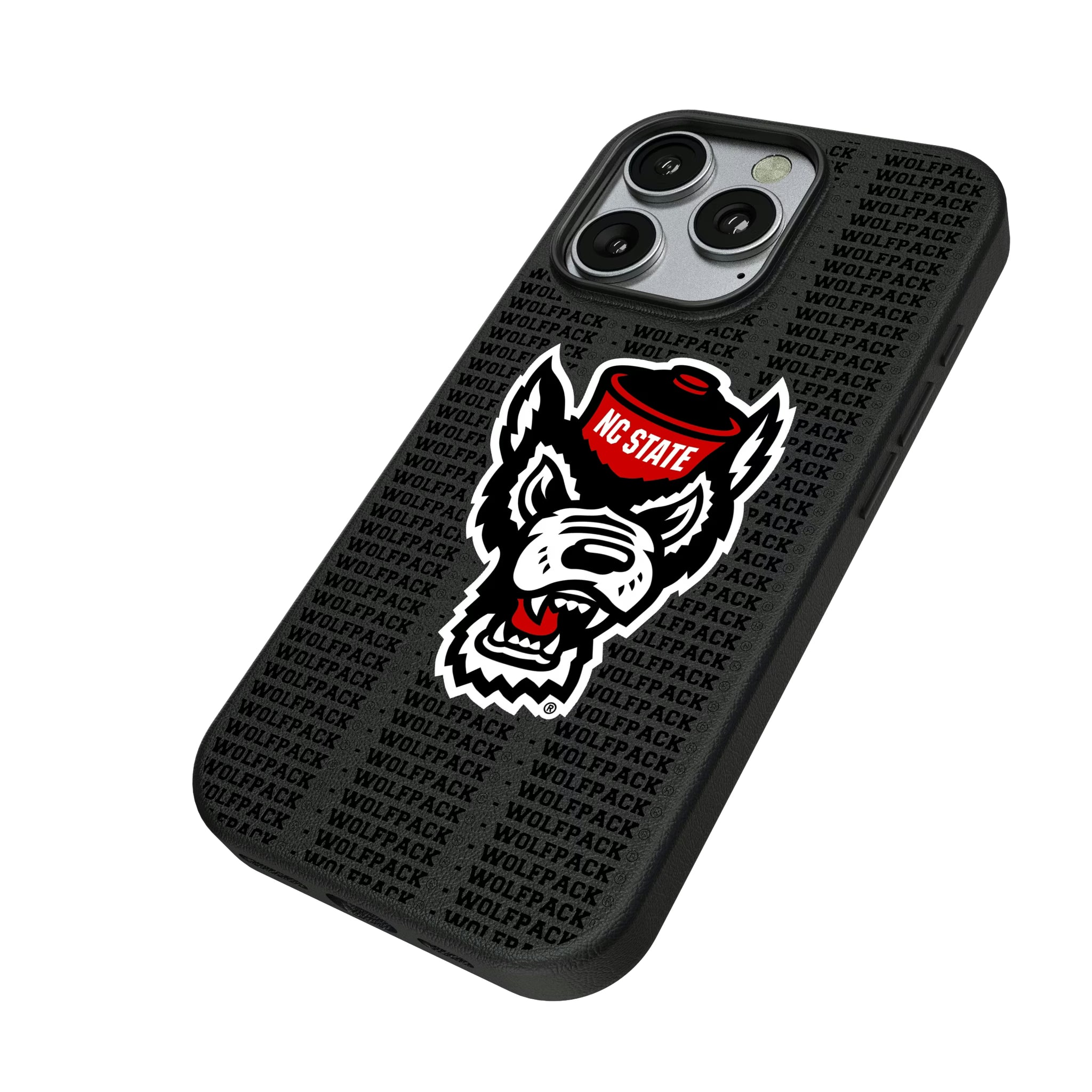 North Carolina State University Wolfpack Text Backdrop iPhone MagSafe Compatible Phone Case for Apple iPhone - Isometric View