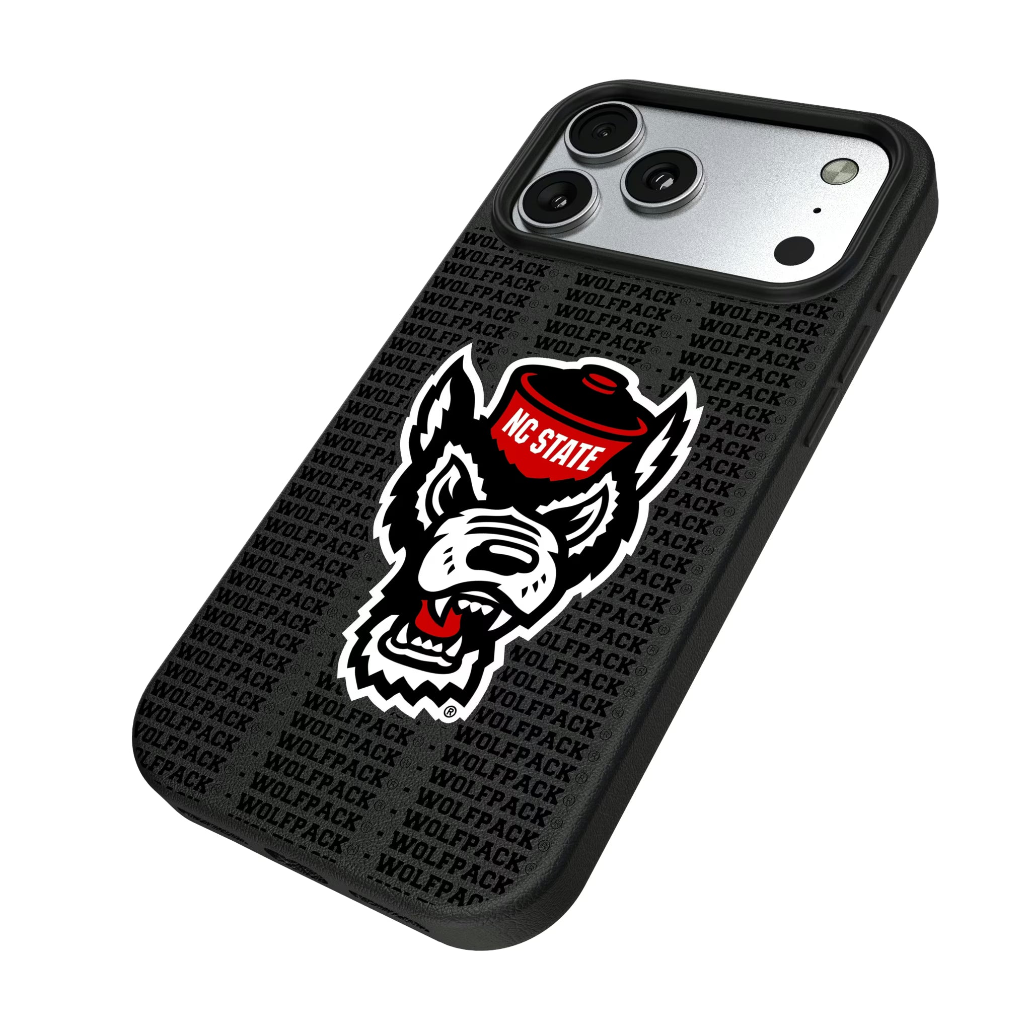 North Carolina State University Wolfpack Text Backdrop iPhone MagSafe Compatible Phone Case for Apple iPhone - Isometric View#Device_iPhone 17 Pro Max