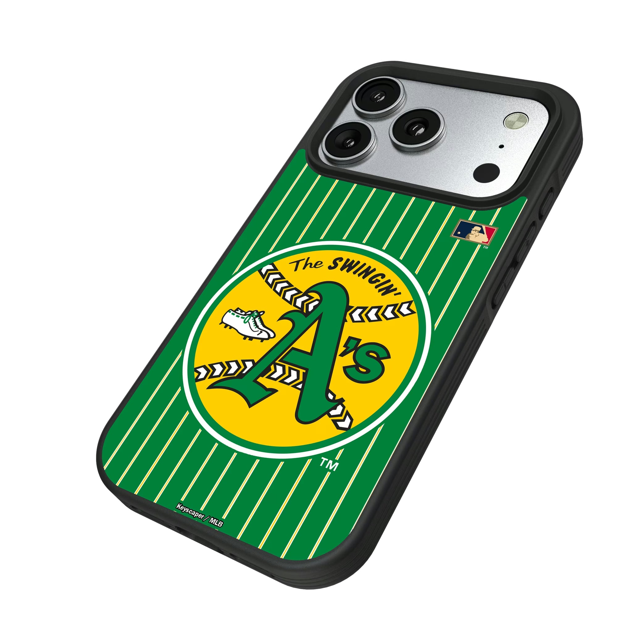 Oakland As 1971-1981 - Cooperstown Collection Pinstripe iPhone Bump Phone Case for Apple iPhone - Isometric View#Device_iPhone 17 Pro