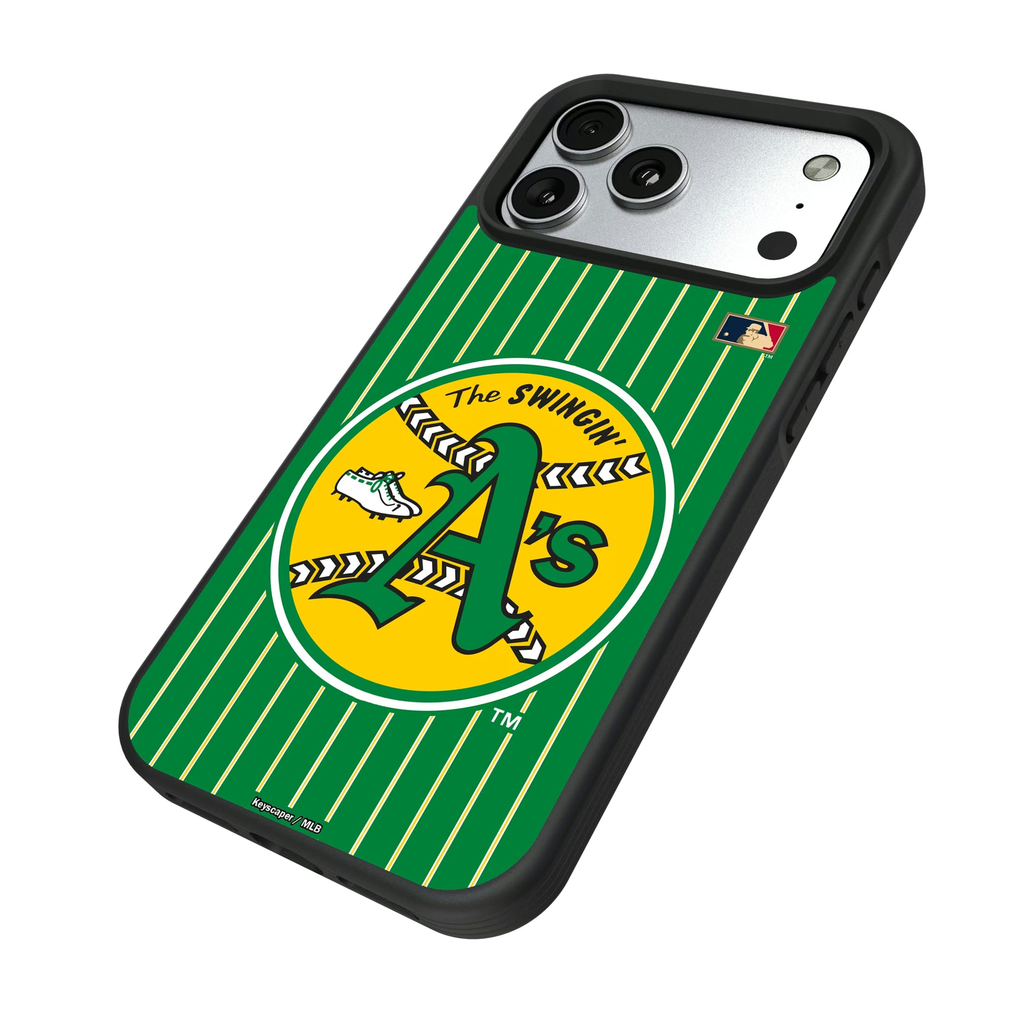 Oakland As 1971-1981 - Cooperstown Collection Pinstripe iPhone Bump Phone Case for Apple iPhone - Isometric View#Device_iPhone 17 Pro Max
