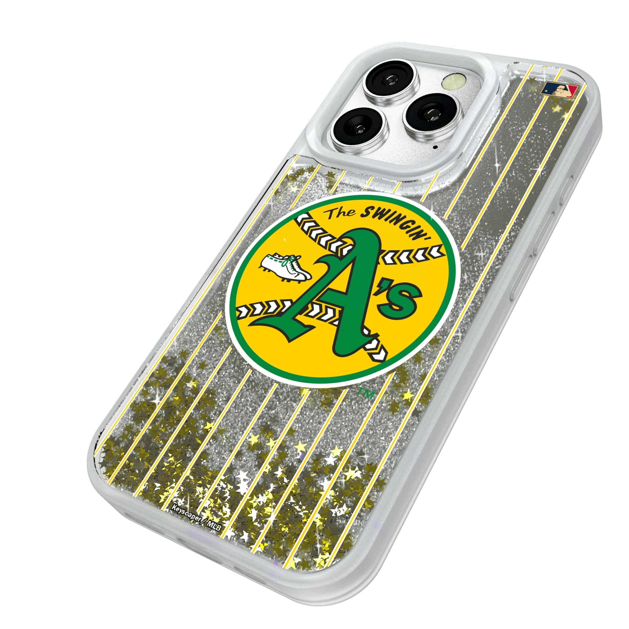Oakland As 1971-1981 - Cooperstown Collection Pinstripe iPhone Glitter Phone Case for Apple iPhone - Isometric View#Device_iPhone 16 Pro