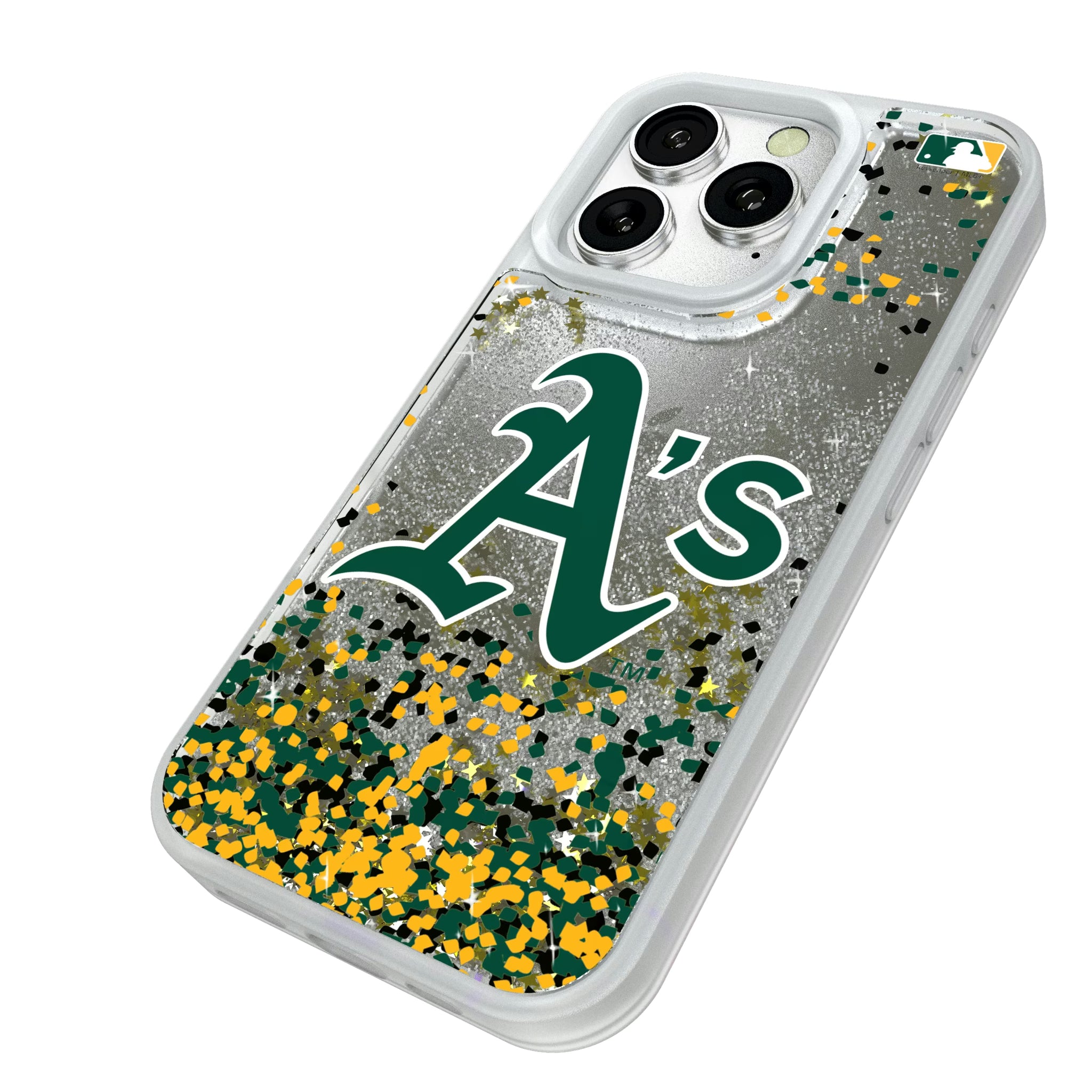 Oakland Athletics Confetti iPhone Glitter Phone Case for Apple iPhone - Isometric View#Device_iPhone 16 Pro