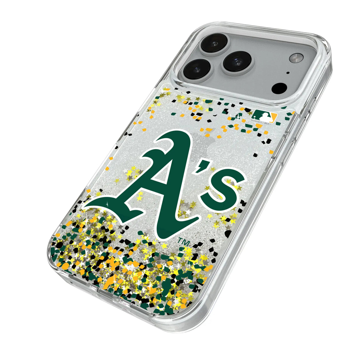 Oakland Athletics Confetti iPhone Glitter Phone Case for Apple iPhone - Isometric View#Device_iPhone 18 Pro