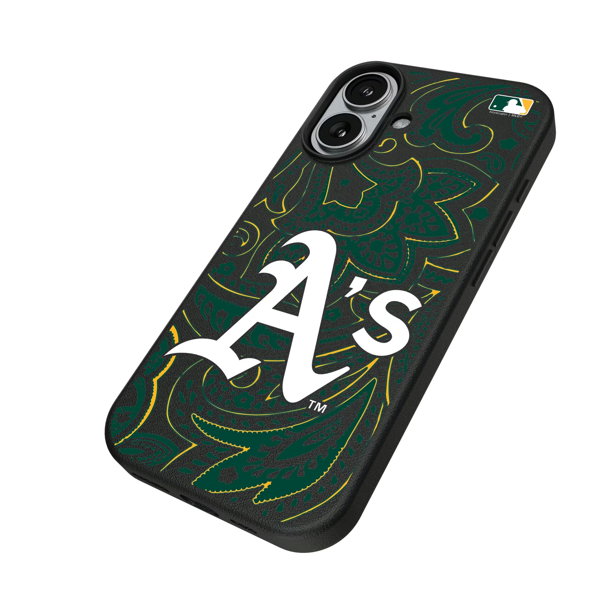 Oakland Athletics Paisley iPhone MagSafe Compatible Phone Case for Apple iPhone - Isometric View#Device_iPhone 17