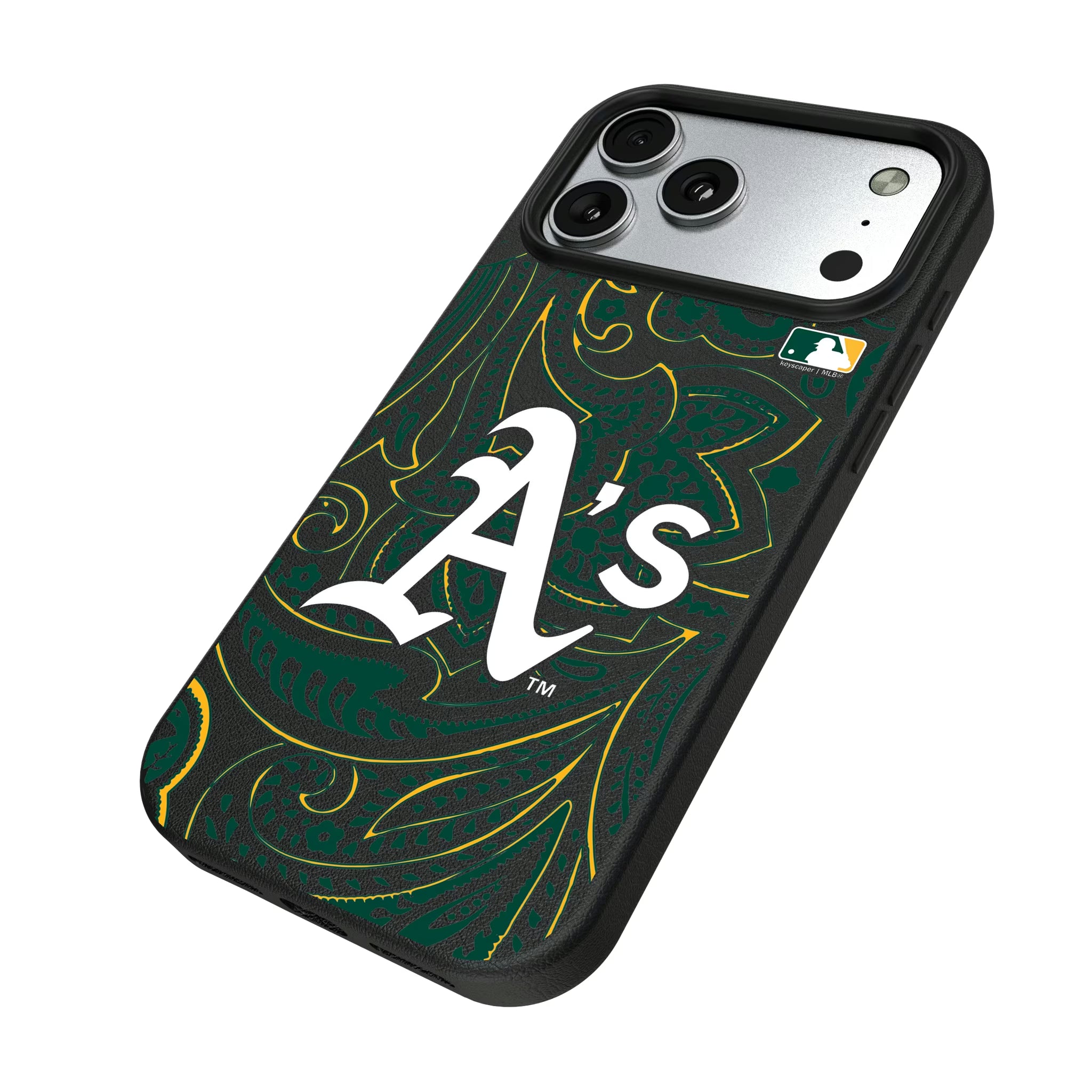 Oakland Athletics Paisley iPhone MagSafe Compatible Phone Case for Apple iPhone - Isometric View#Device_iPhone 17 Pro Max