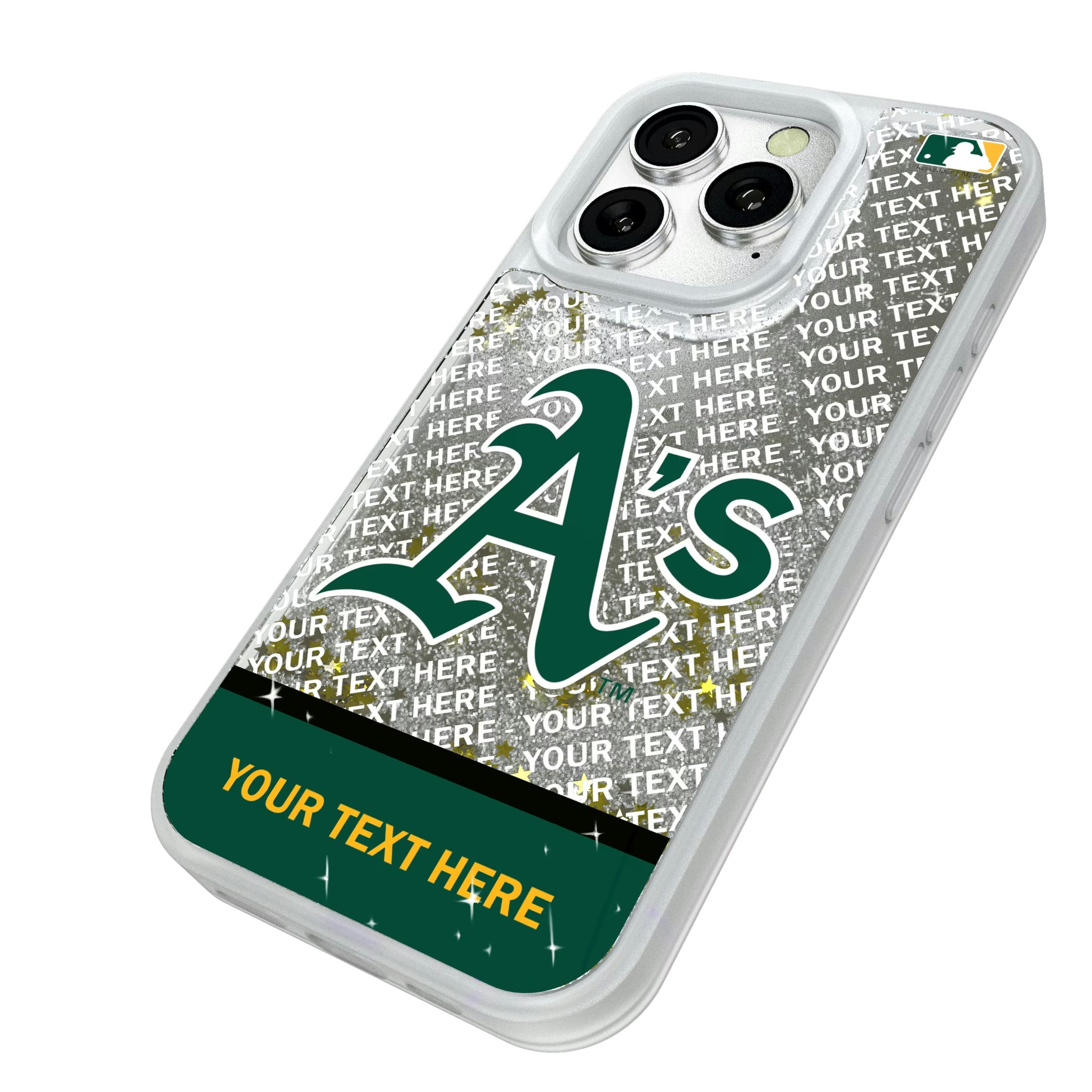 Oakland Athletics Personalized EndZone Plus iPhone Glitter Phone Case for Apple iPhone - Isometric View#Device_iPhone 16 Pro