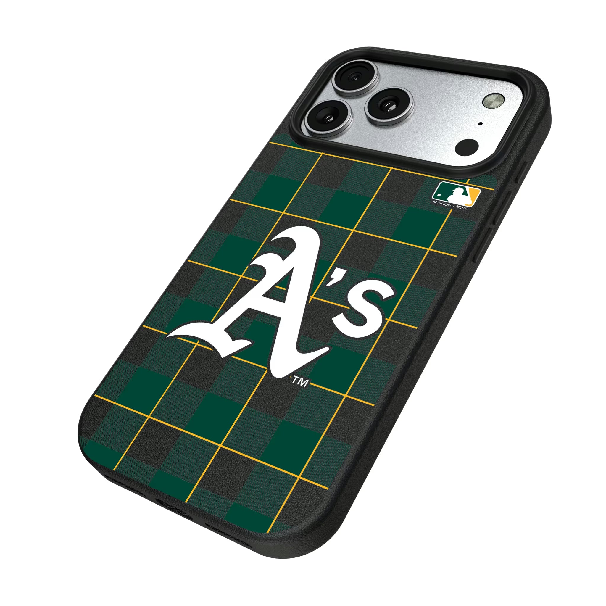 Oakland Athletics Plaid iPhone MagSafe Compatible Phone Case for Apple iPhone - Isometric View#Device_iPhone 17 Pro Max