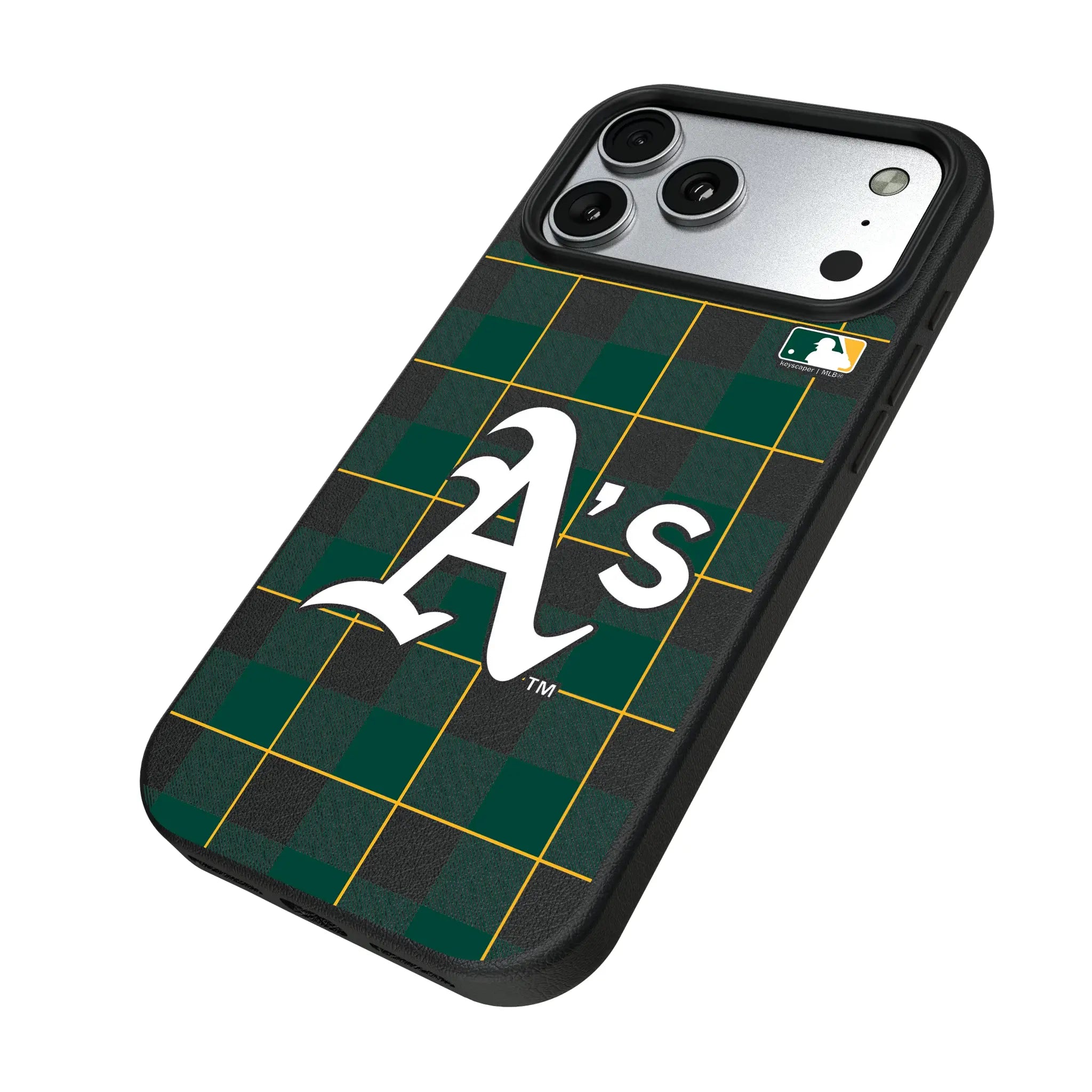 Oakland Athletics Plaid iPhone MagSafe Compatible Phone Case for Apple iPhone - Isometric View#Device_iPhone 17 Pro Max