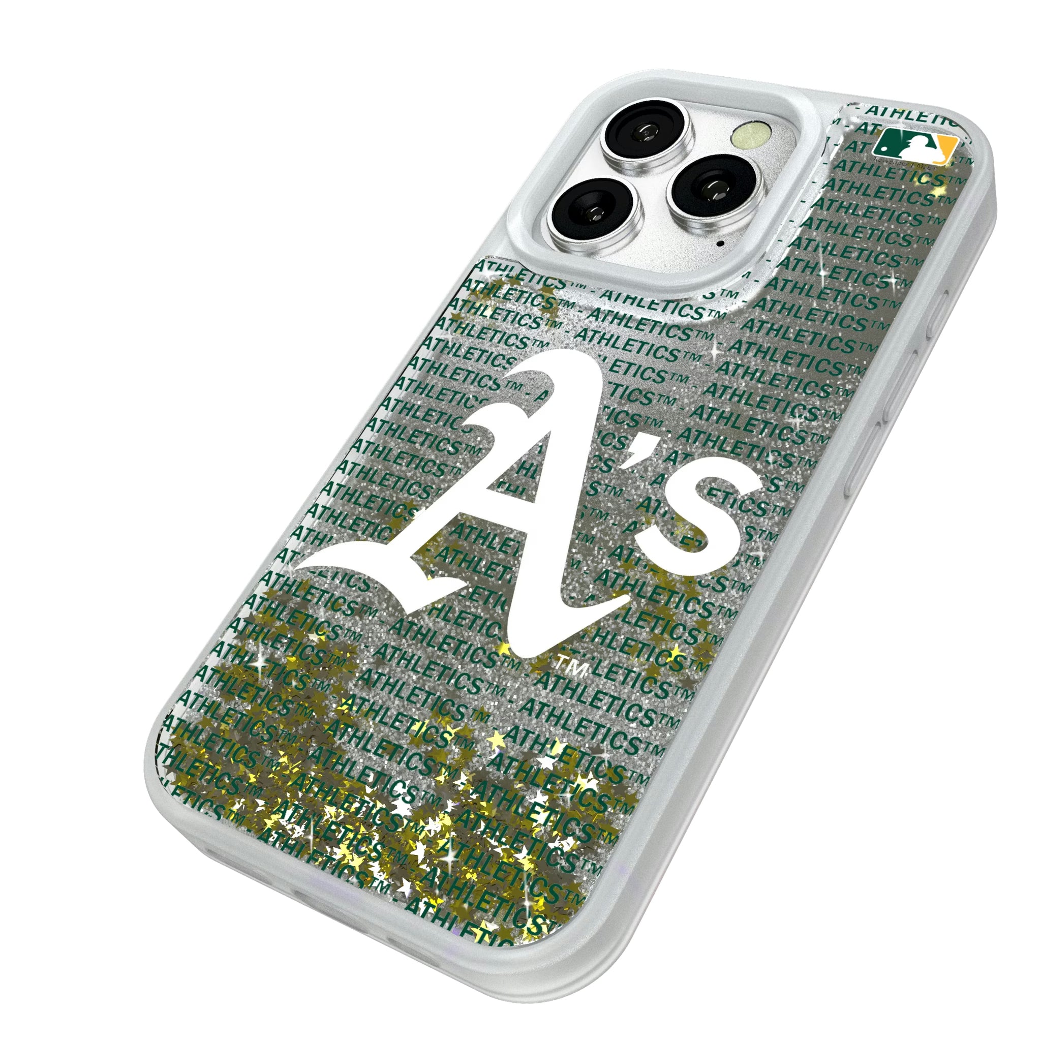 Oakland Athletics Text Backdrop iPhone Glitter Phone Case for Apple iPhone - Isometric View#Device_iPhone 16 Pro