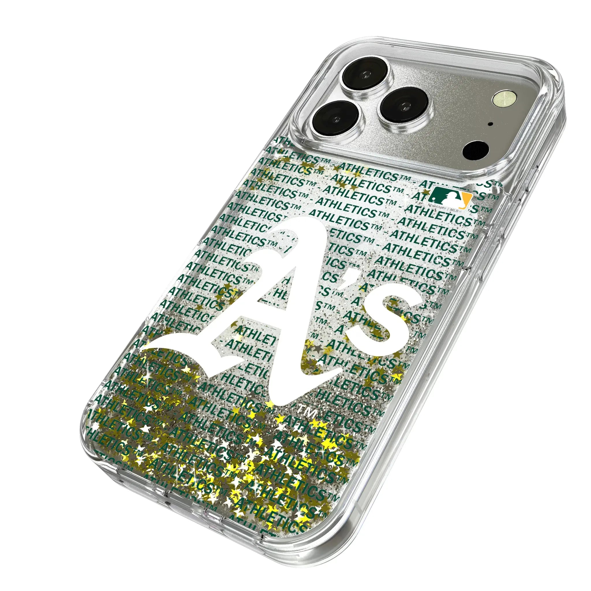 Oakland Athletics Text Backdrop iPhone Glitter Phone Case for Apple iPhone - Isometric View