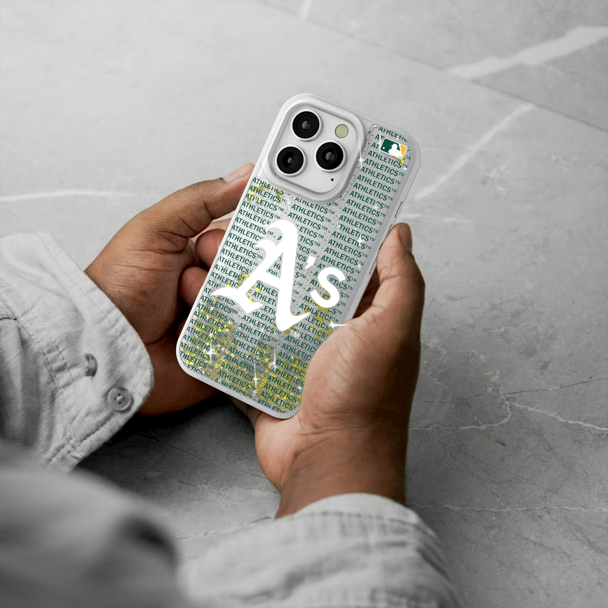 Oakland Athletics Text Backdrop iPhone Glitter Phone Case for Apple iPhone - Lifestyle#Device_iPhone 16 Pro