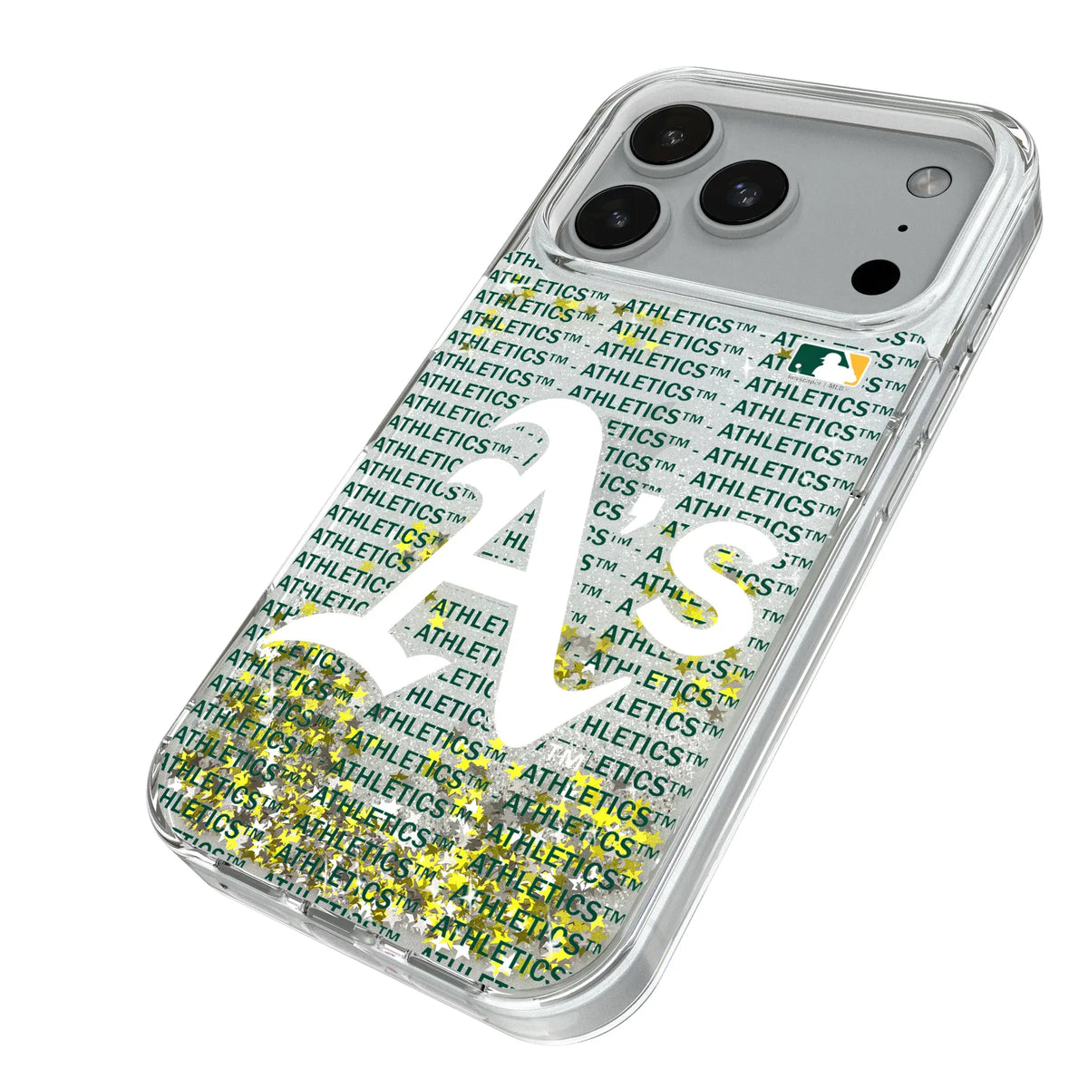 Oakland Athletics Text Backdrop iPhone Glitter Phone Case for Apple iPhone - Isometric View#Device_iPhone 18 Pro