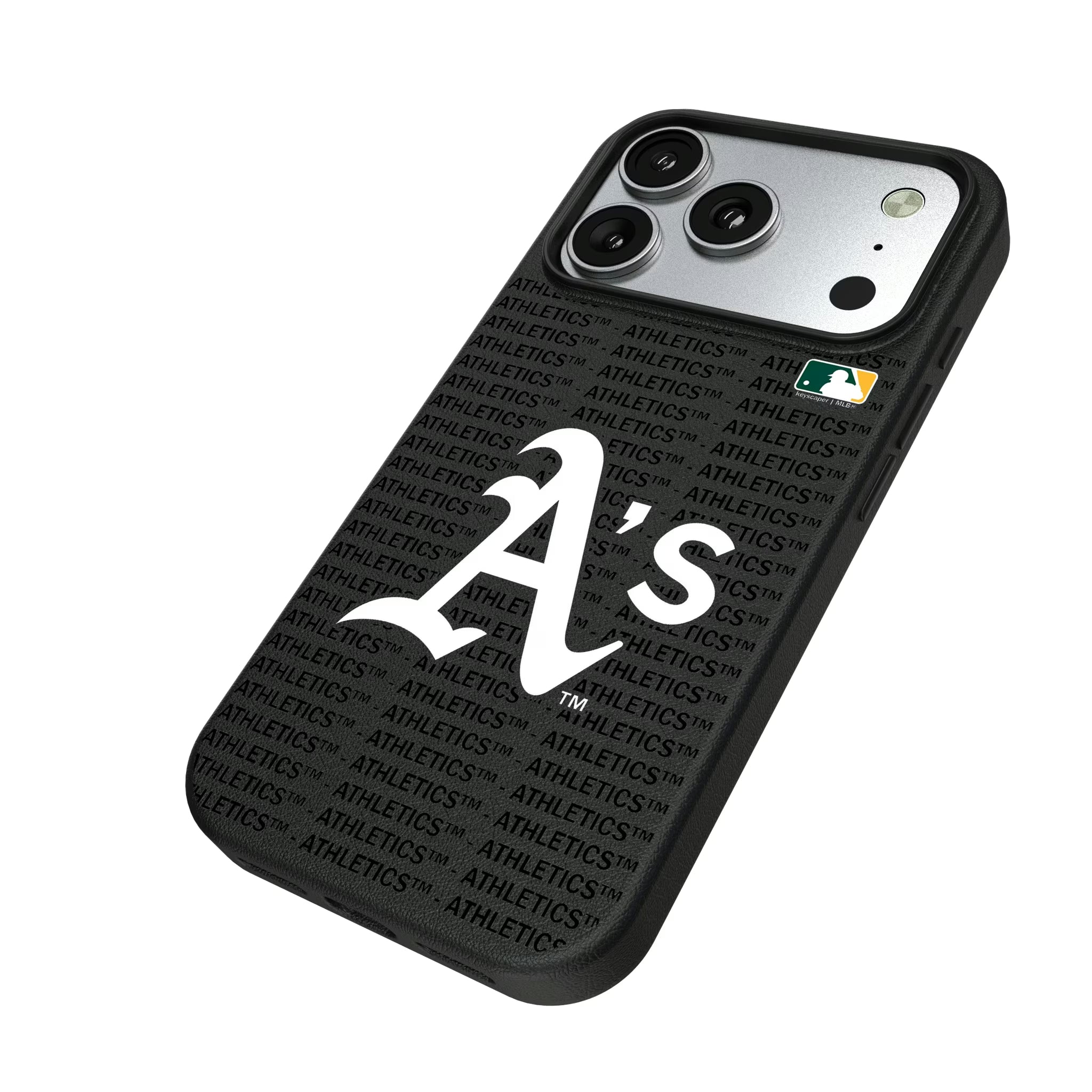 Oakland Athletics Text Backdrop iPhone MagSafe Compatible Phone Case for Apple iPhone - Isometric View#Device_iPhone 17 Pro