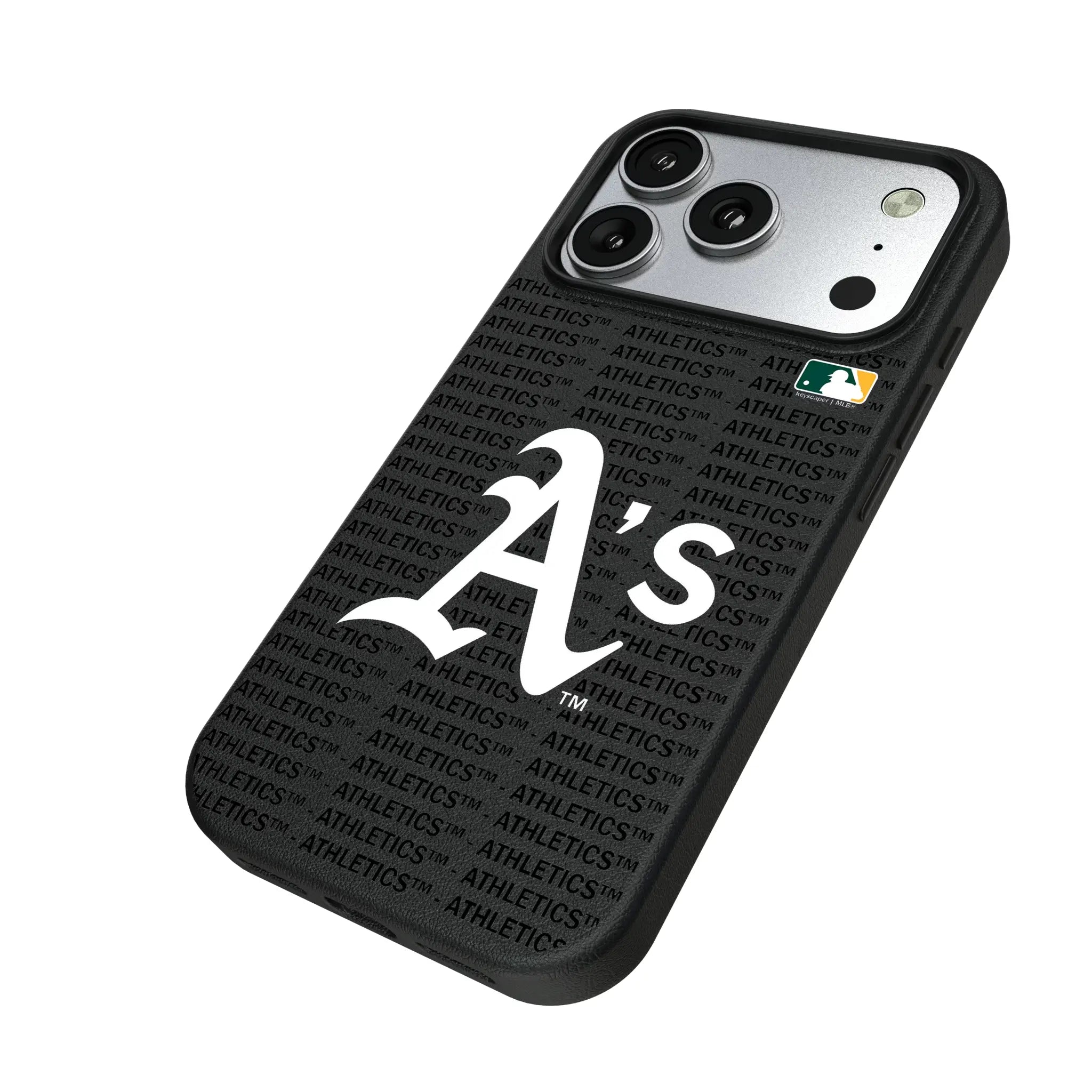 Oakland Athletics Text Backdrop iPhone MagSafe Compatible Phone Case for Apple iPhone - Isometric View#Device_iPhone 17 Pro