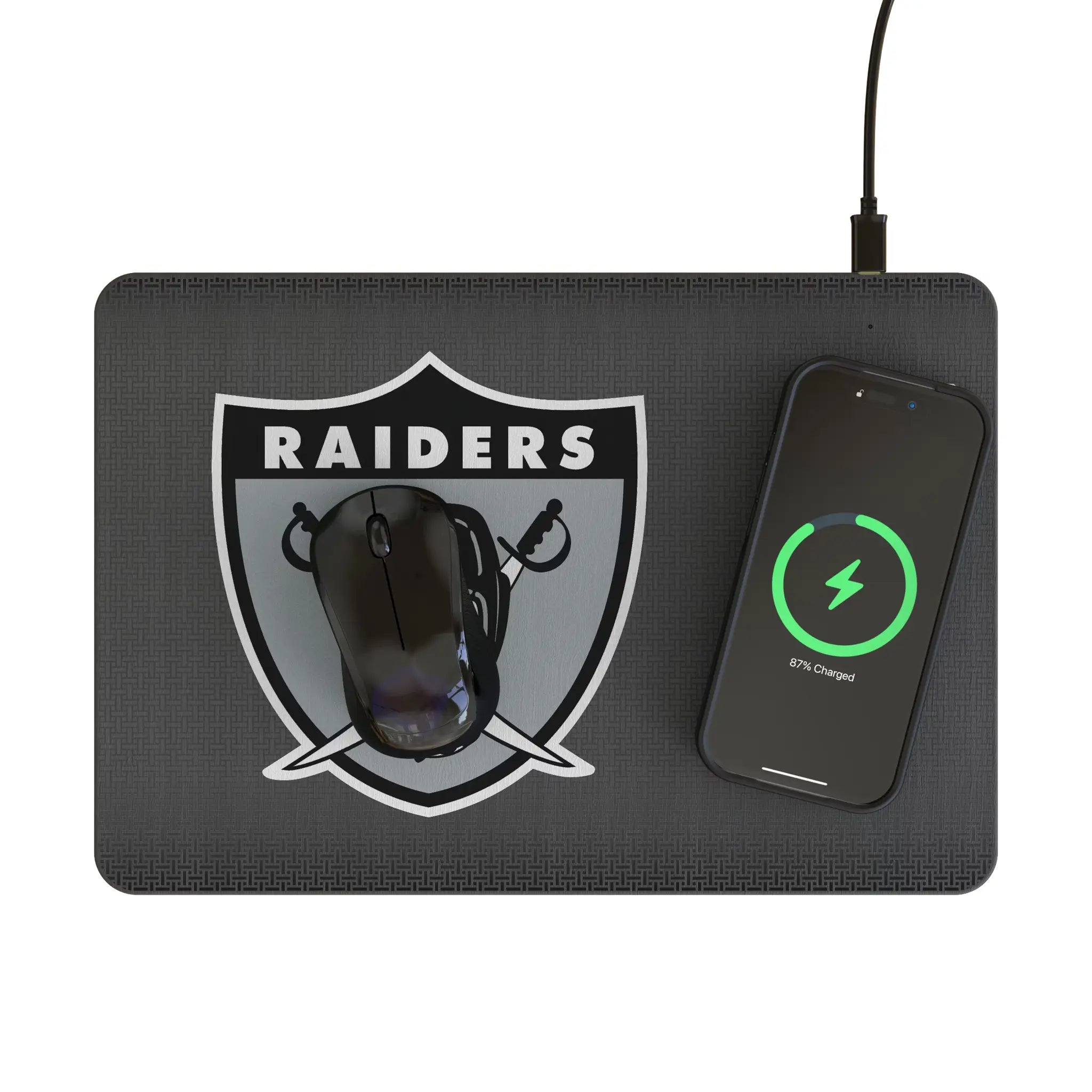 Oakland Raiders 1963 Historic Collection Linen 15-Watt Wireless Charger and Mouse Pad - Lifestyle