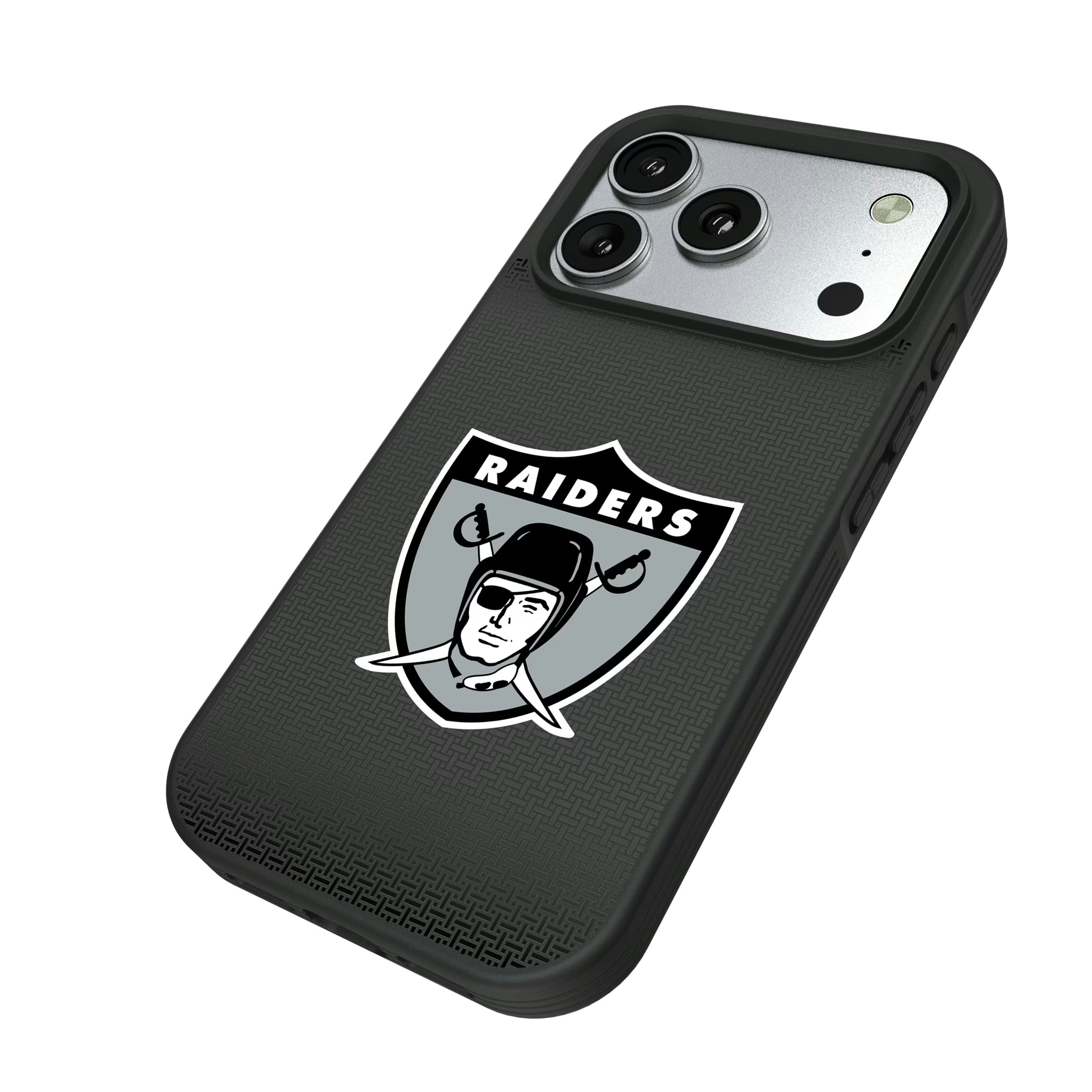 Oakland Raiders 1963 Historic Collection Linen iPhone Bump Phone Case for Apple iPhone - Isometric View#Device_iPhone 17 Pro