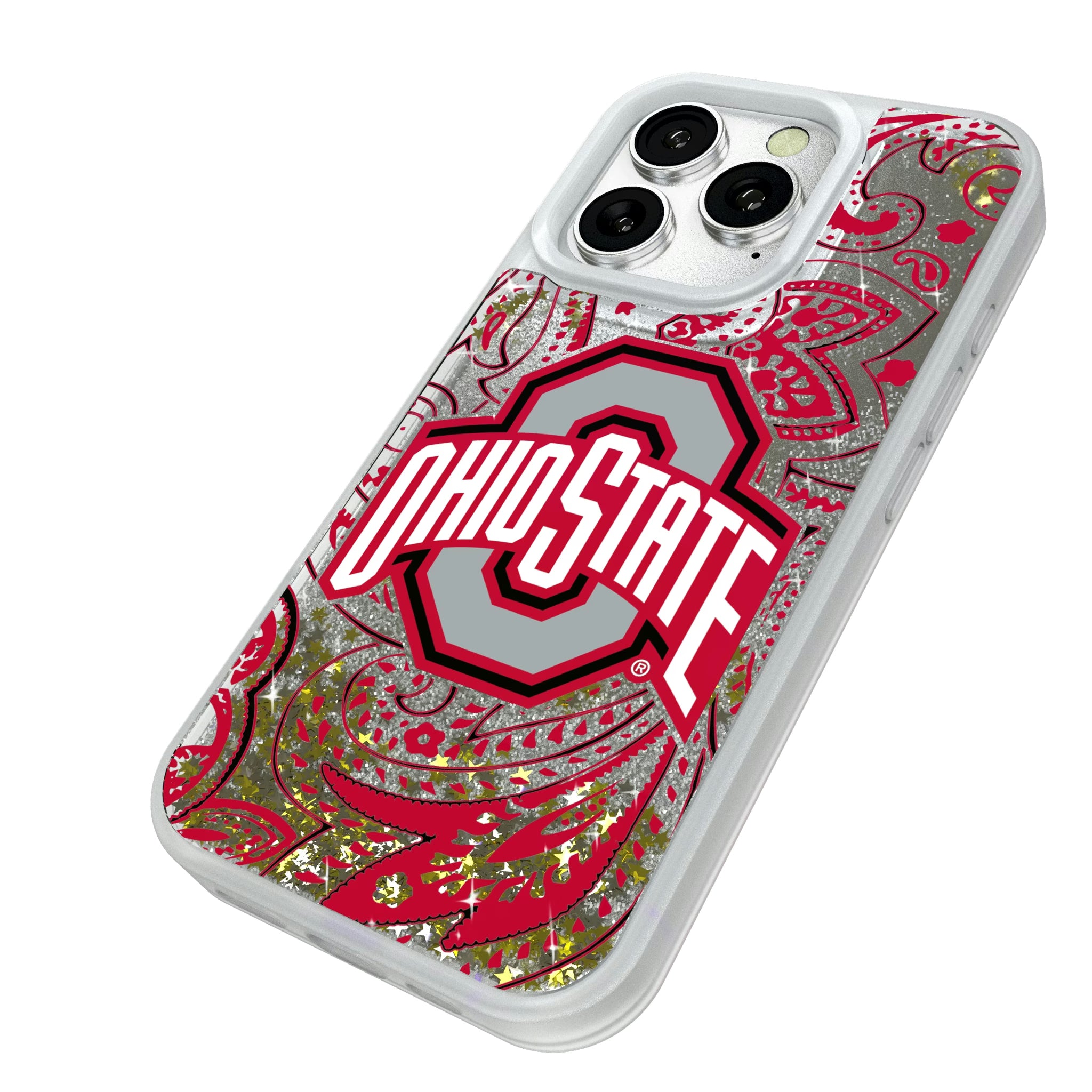 Ohio State University Buckeyes Paisley iPhone Glitter Phone Case for Apple iPhone - Isometric View#Device_iPhone 16 Pro