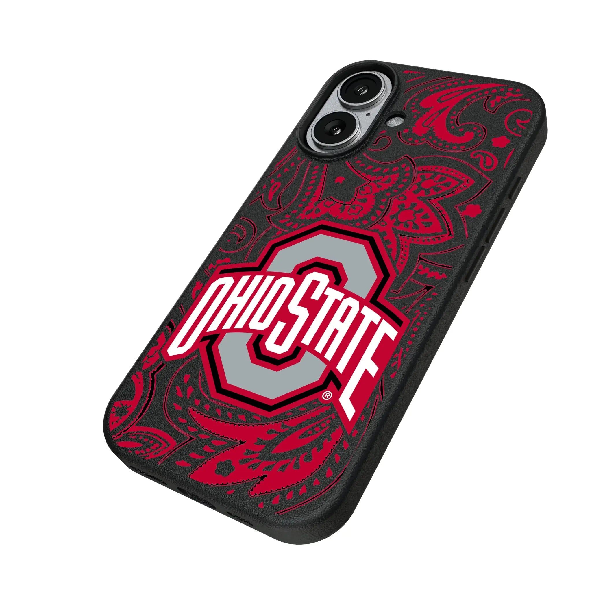 Ohio State University Buckeyes Paisley iPhone MagSafe Compatible Phone Case for Apple iPhone - Isometric View#Device_iPhone 17
