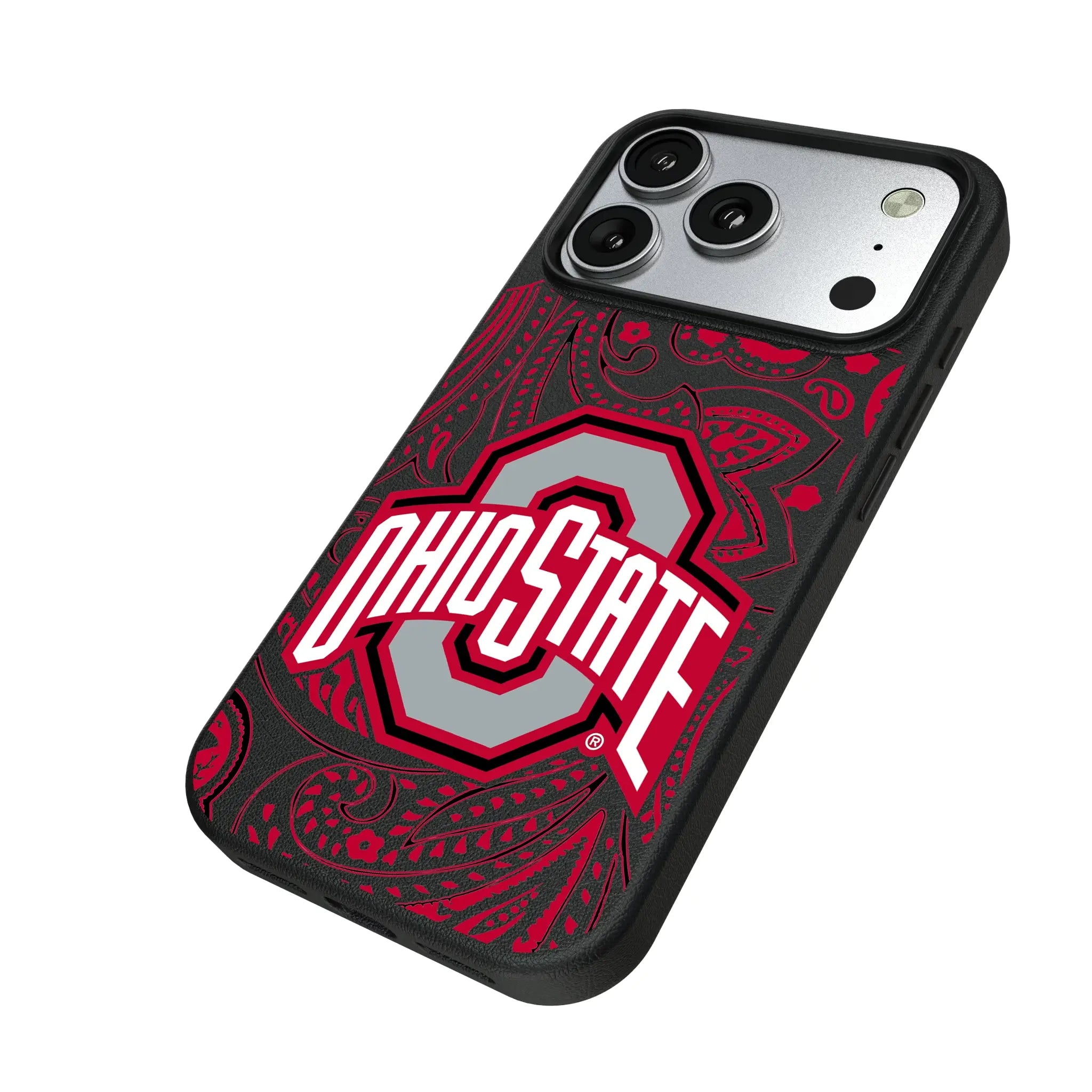 Ohio State University Buckeyes Paisley iPhone MagSafe Compatible Phone Case for Apple iPhone - Isometric View#Device_iPhone 17 Pro